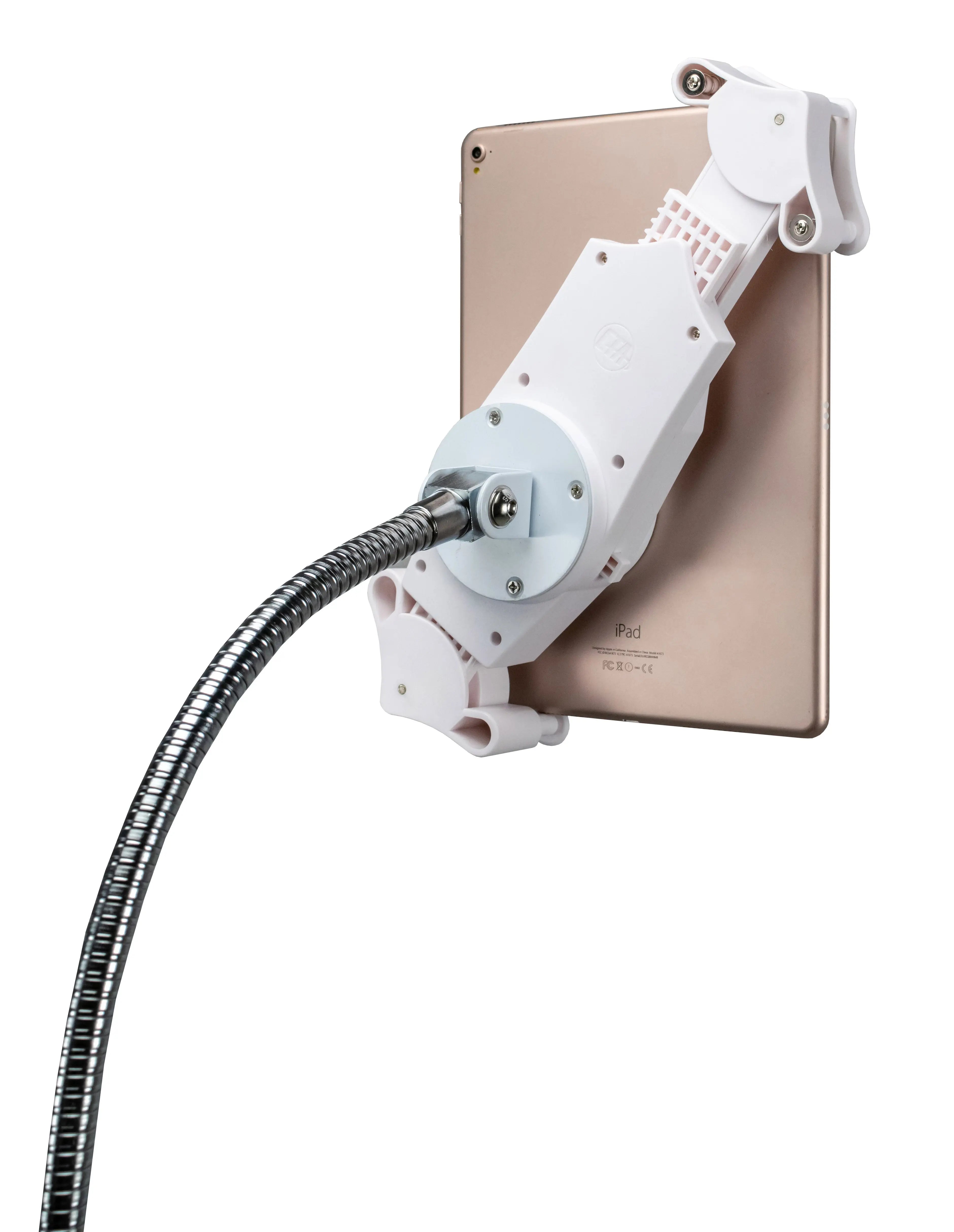 Heavy Duty Adjustable Gooseneck Floor Stand with VESA Mount Plate & Storage Basket - Perfect for Monitors, TVs, and Digital Signage in Home Office or Commercial Spaces