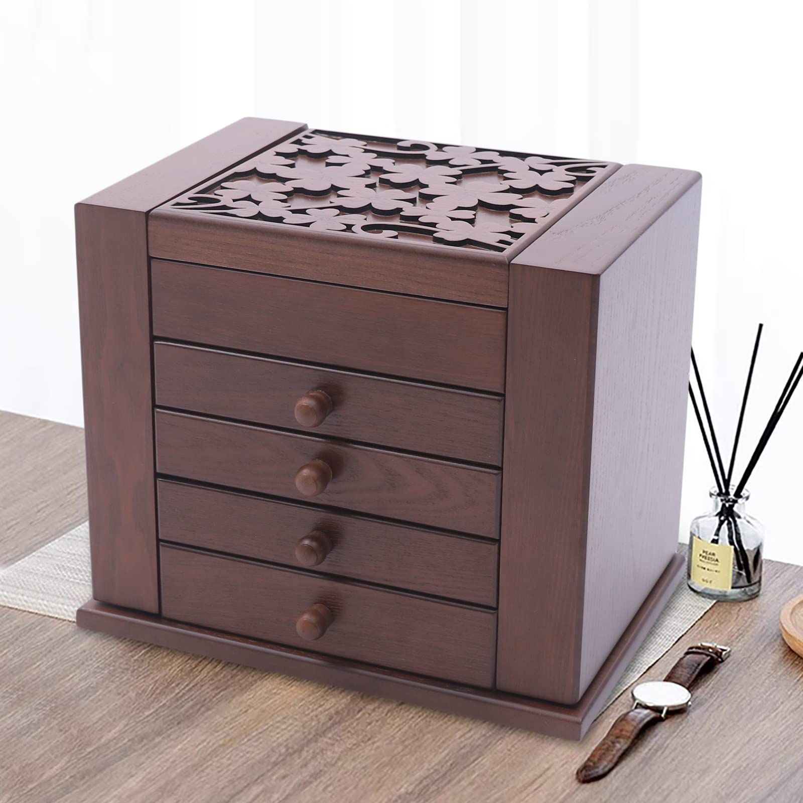 5-Layer Jewelry Organizer Box with Mirror & Drawers - Large Jewelry Storage Case for Earrings, Necklaces, Bracelets & Watches (Light Brown) - Perfect for Bedroom, Travel & Gift Giving