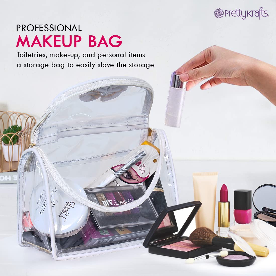 PrettyKrafts Clear Waterproof Toiletry Bag - Travel Cosmetic Organizer Case for Women & Men - Portable Makeup Storage Pouch (White Transparent) - Perfect for Air Travel, Gym, Camping & Daily Essentials Organization