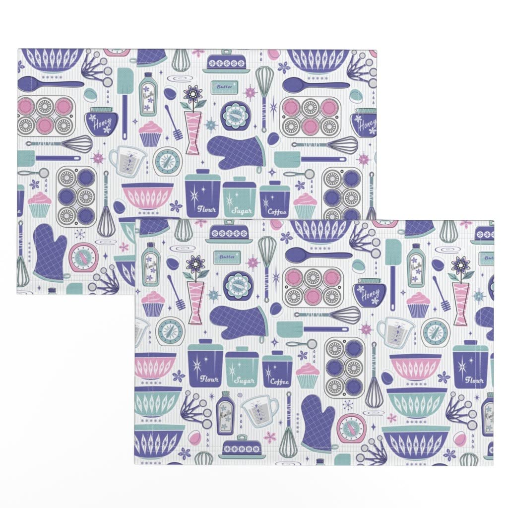 Vintage Baking Time Pink Retro Aqua Linen Cotton Canvas Placemats (Set of 2) - 1950s Style Kitchen Table Decor for Dining, Breakfast, and Party Settings - Spoonflower Printed Cloth Placemats