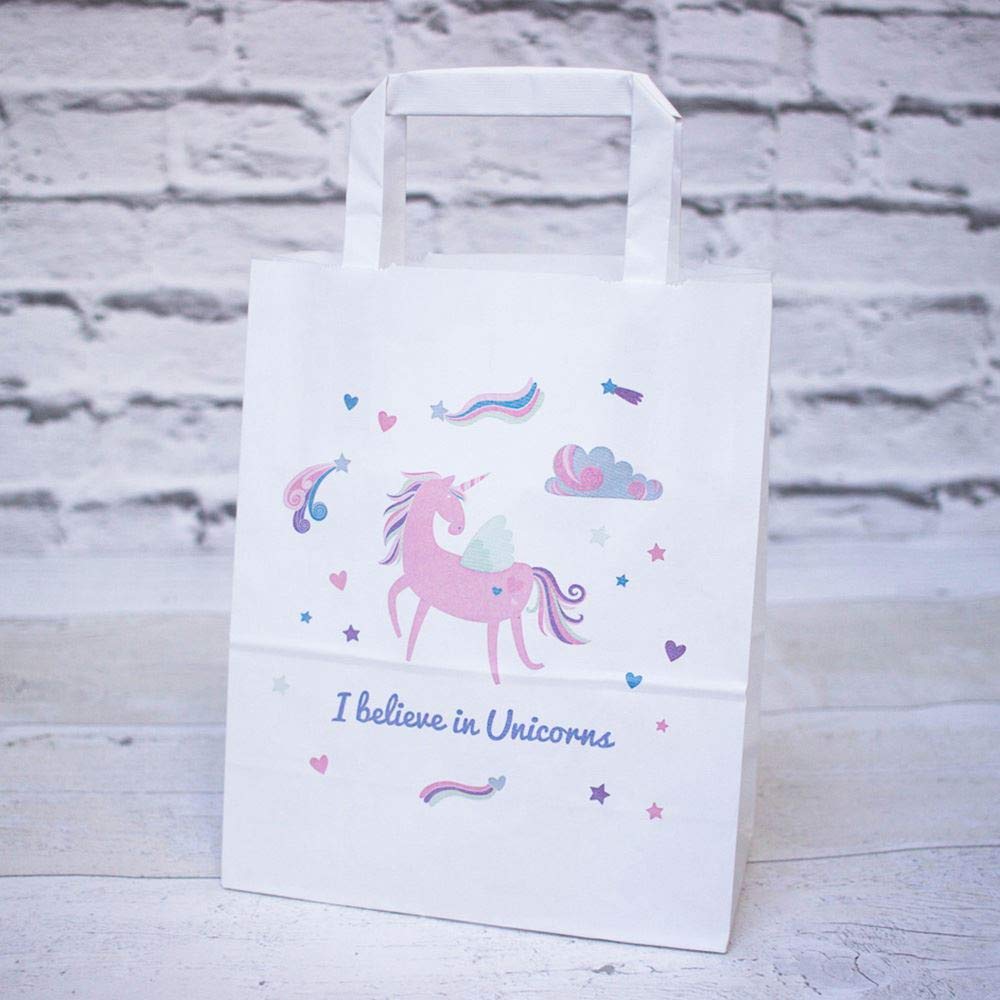 10 Pack White Handled Unicorn Paper Party Gift Bags - I Believe in Unicorns - Perfect for Birthday Parties, Baby Showers & Magical Celebrations
