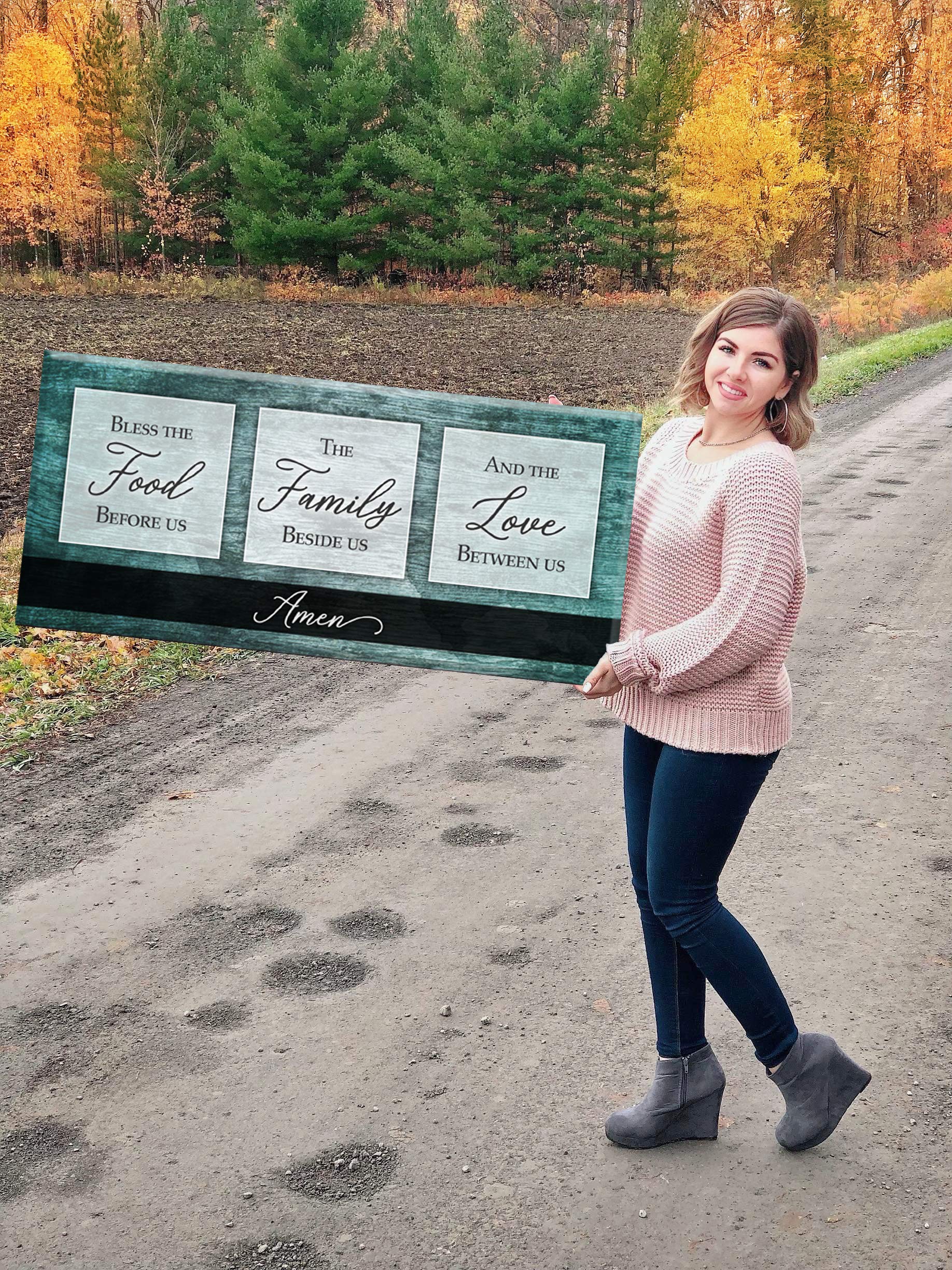Bless the Food V2 Teal Framed Kitchen Wall Art Sign - 42x19 Inch Rustic Dining Room Decor for Farmhouse & Modern Homes - Perfect for Kitchens, Dining Areas & Entryways