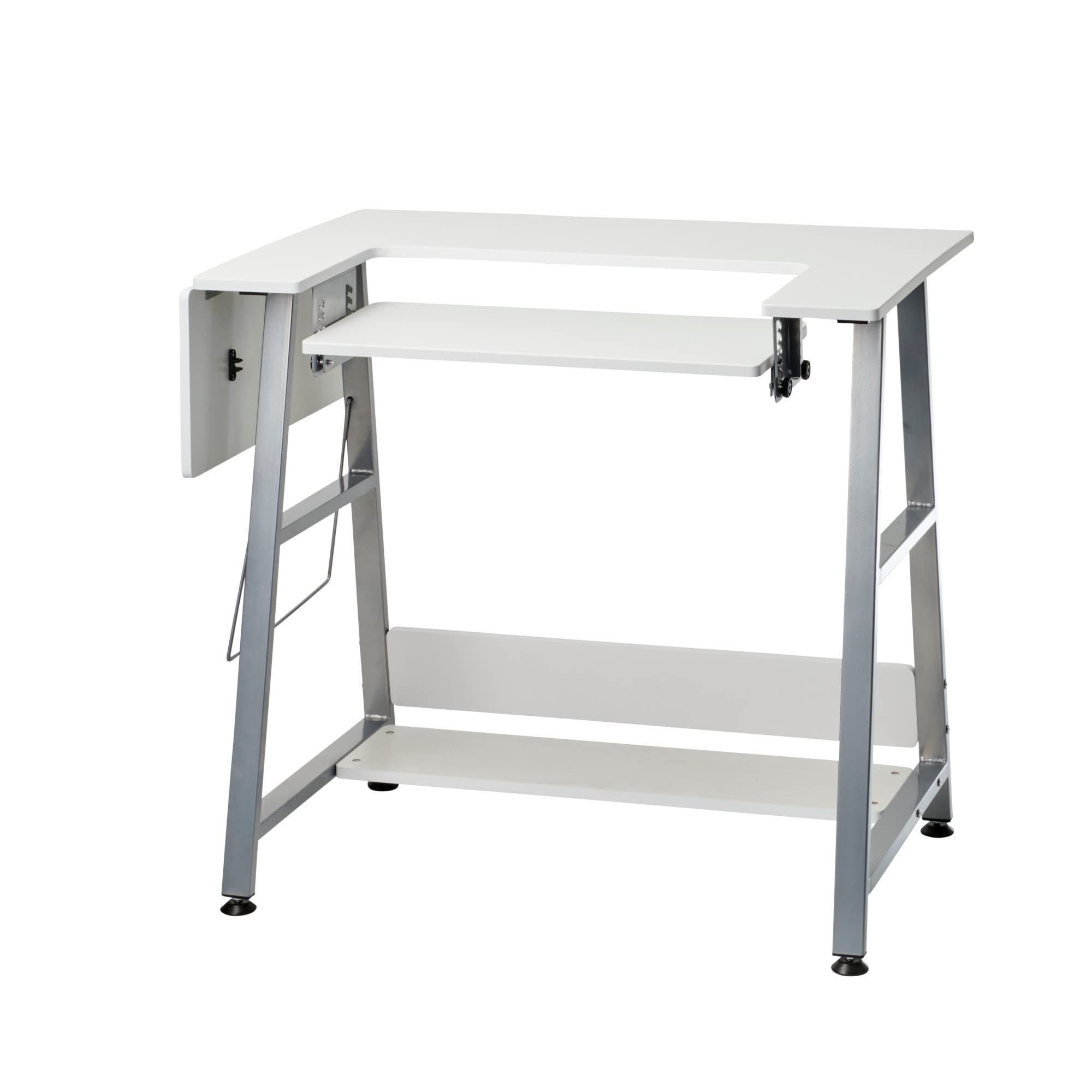Adjustable Small Sewing Table with Drop Leaf Extension - White & Silver Sewing Machine Table with Storage Shelf | Perfect for Quilting, Crafting & Home Office Use - WC1013