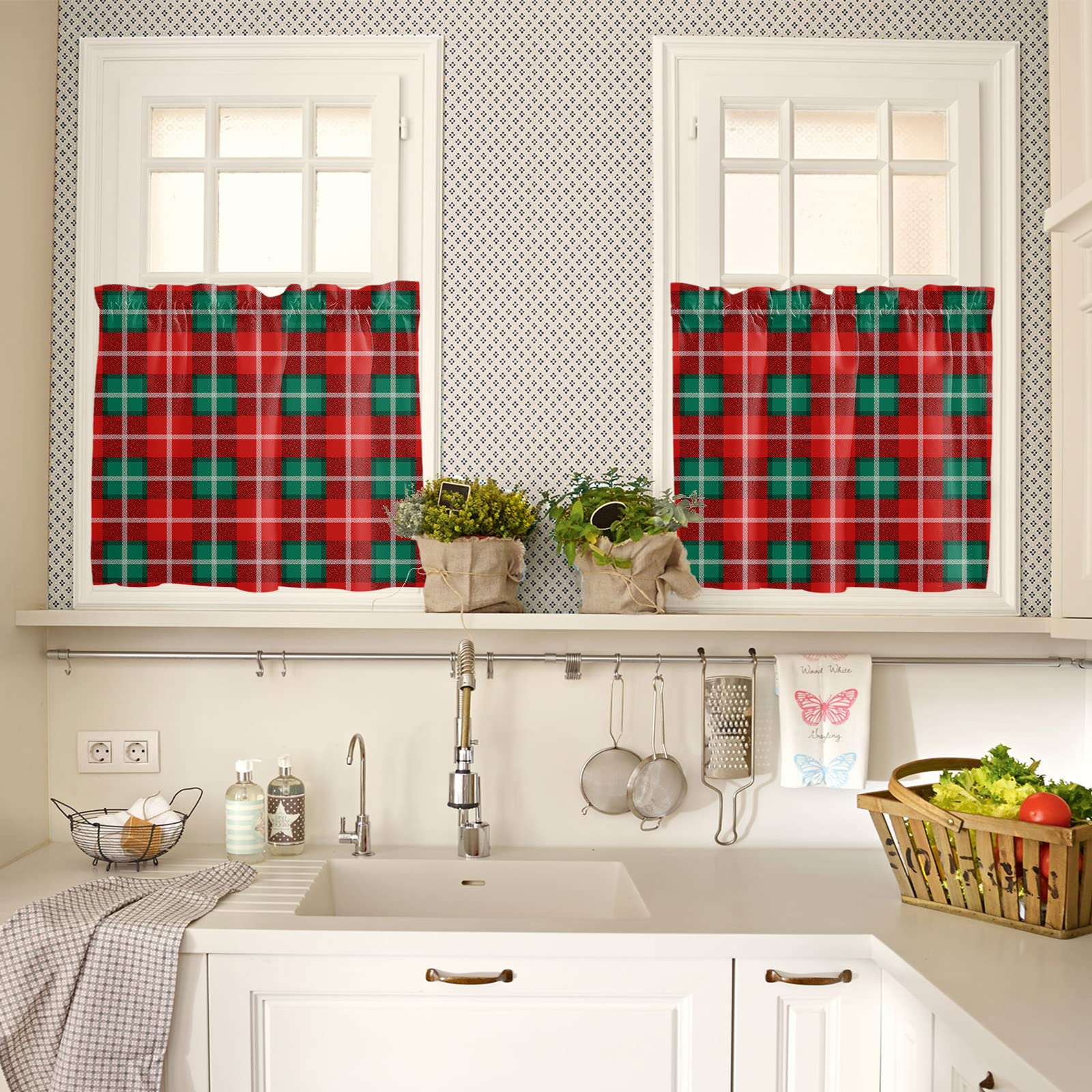 Merry Christmas Kitchen Curtains Set - 24 Inch Small Half Window Curtains with Rod Pocket, Red Green Black Plaid Geometric Design - Perfect for Cafe, Bathroom, Bedroom & Holiday Decor