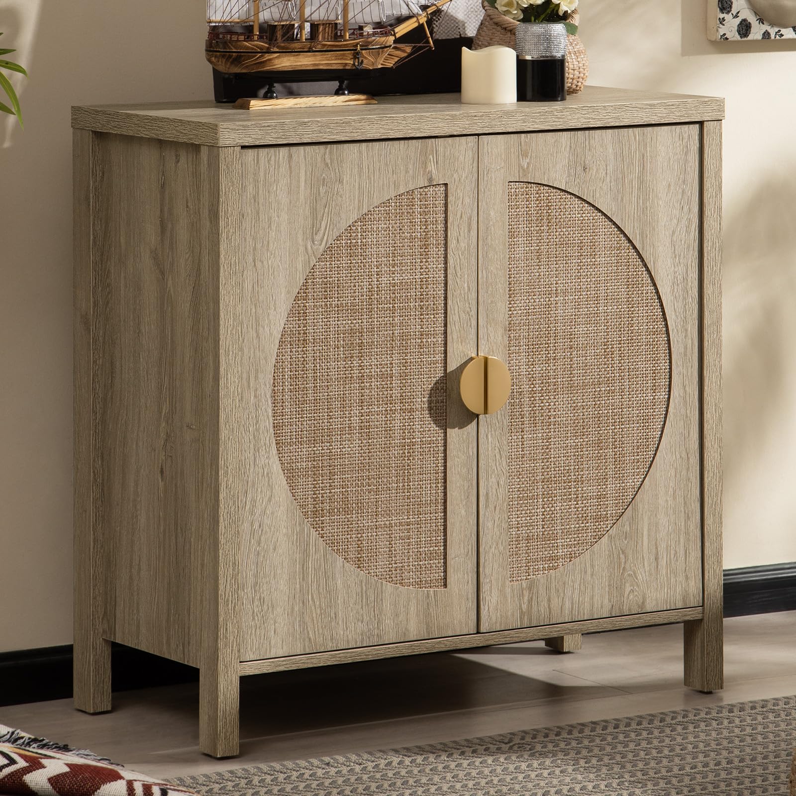 SICOTAS Rattan Buffet Cabinet - Boho Style Accent Sideboard with Adjustable Shelves, Storage Credenza Console Table for Dining Room, Living Room, Entryway & Kitchen - Natural Woven Rattan Furniture for Home Decor & Organization