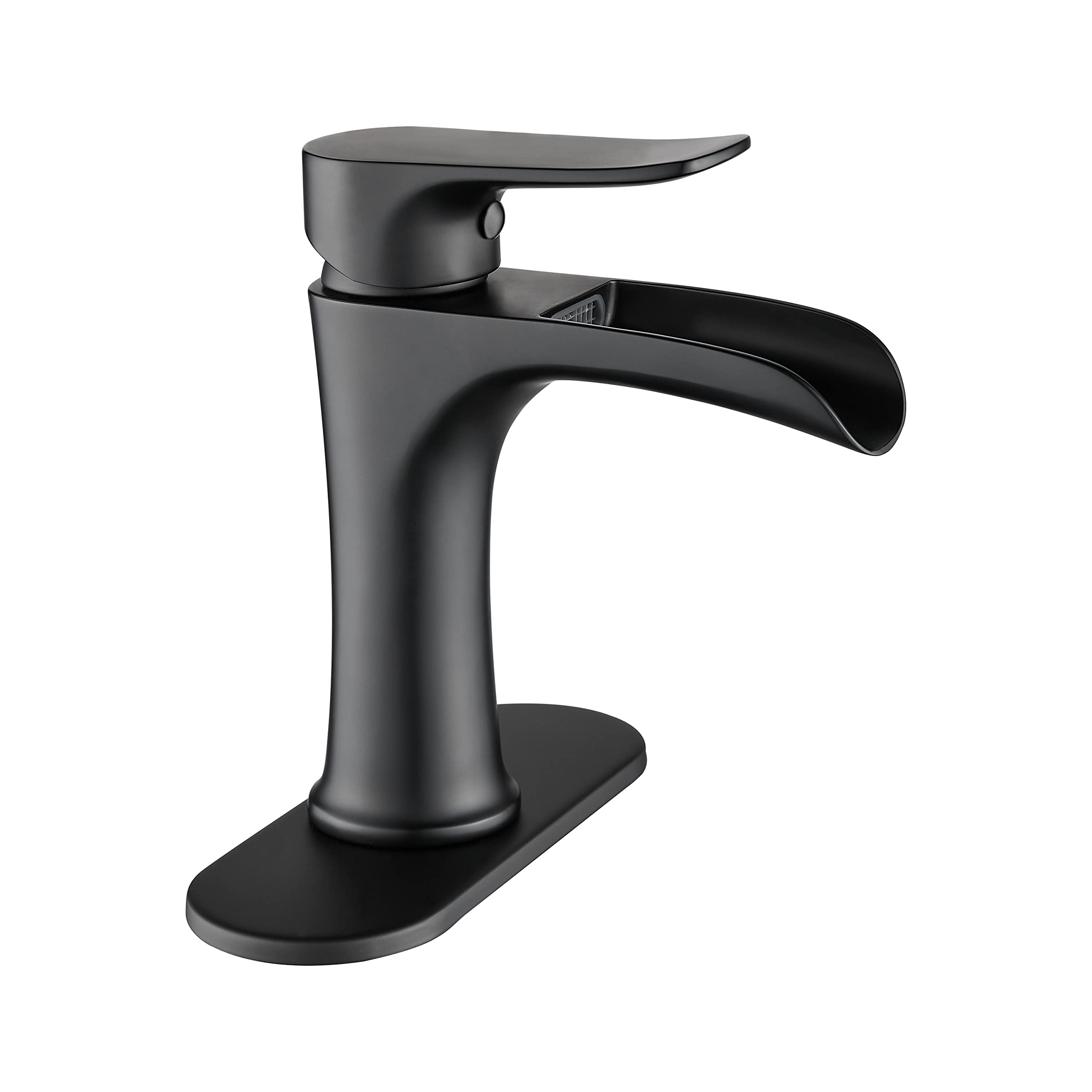 Yundoom Matte Black Bathroom Sink Faucet - Waterfall Single Hole or 3 Hole Bathroom Faucet with 4 Inch Deck Plate, Farmhouse RV Brass Faucet BF02 - Perfect for Modern Bathroom, Guest Bath, RV & Tiny House