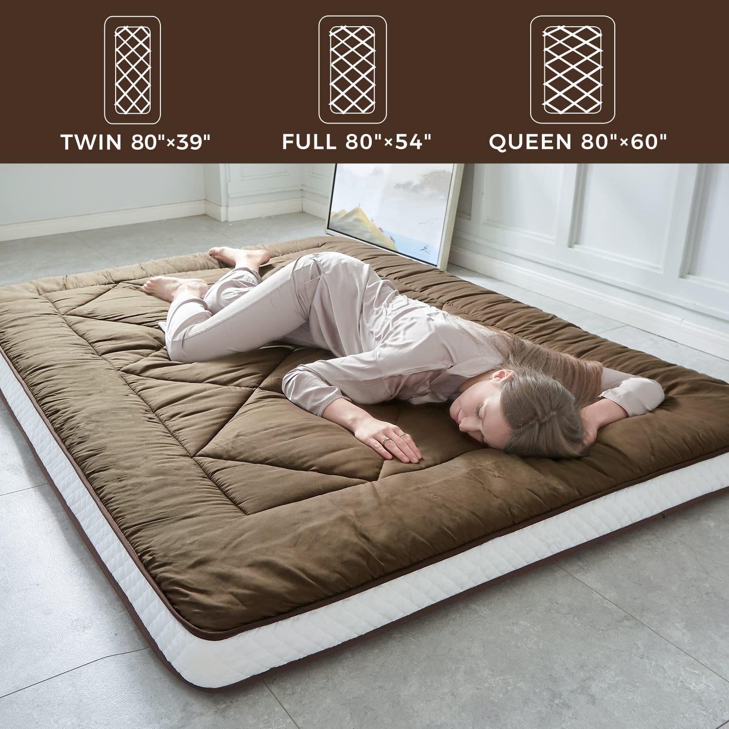 Japanese Floor Mattress Futon - Thick Foldable Sleeping Pad for Adults, Portable Roll Up Camping Mattress - Queen Size Coffee Brown - Perfect for Guest Beds, Dorm Rooms & Outdoor Adventures