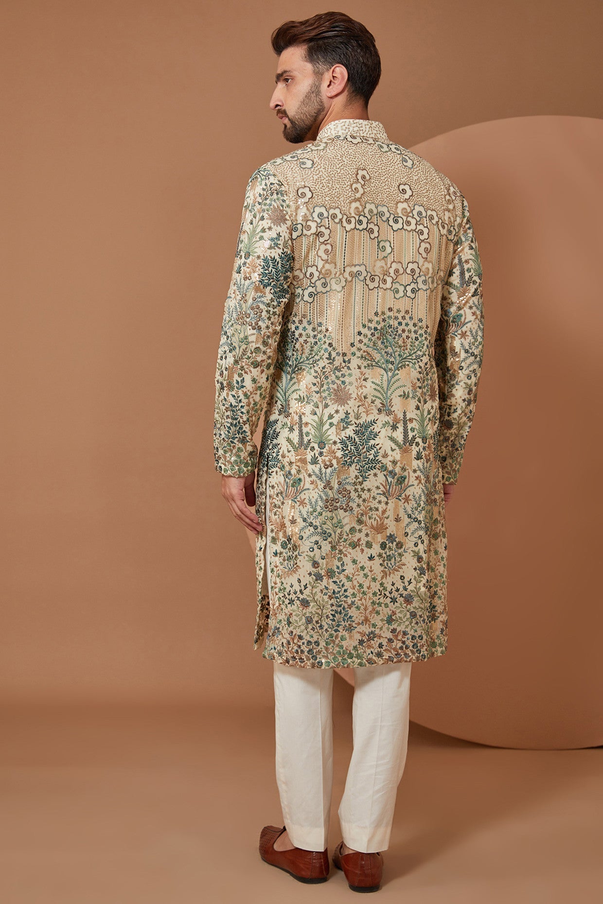 Exquisite Handmade Ivory Floral Kurta with Green & Gold Embroidery - Elegant Indian Ethnic Wear for Weddings & Festivals