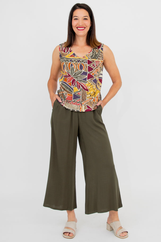 Havana Tank Top - Women's Tropical Print Linen Bamboo Blend Shirt for Summer Beach Vacation & Casual Outings