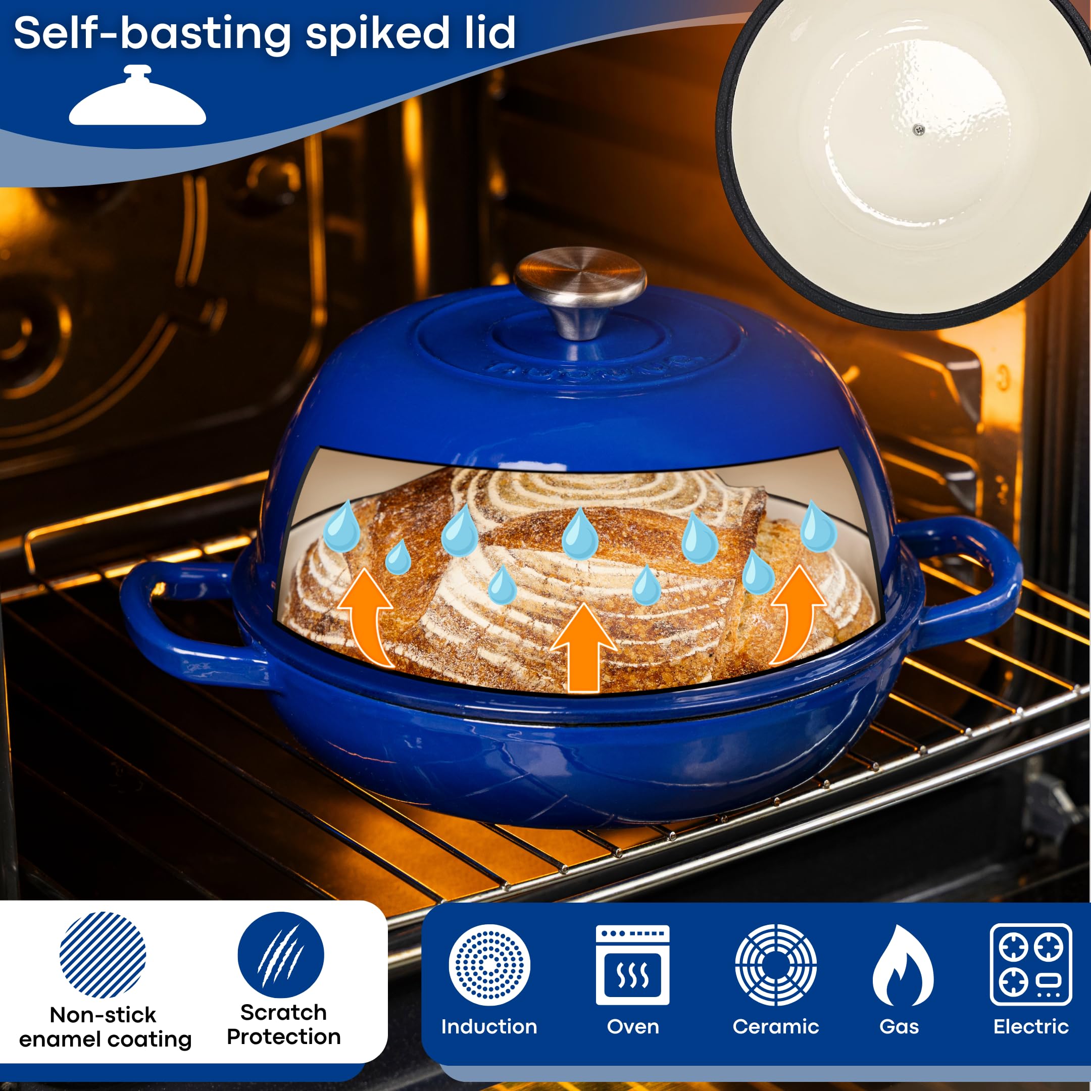 Nuovva 6-Quart Enameled Cast Iron Dutch Oven for Baking Sourdough Bread, Stews & More – 22cm Dark Blue Bread Pot – Perfect for Camping, Oven & Stovetop Cooking