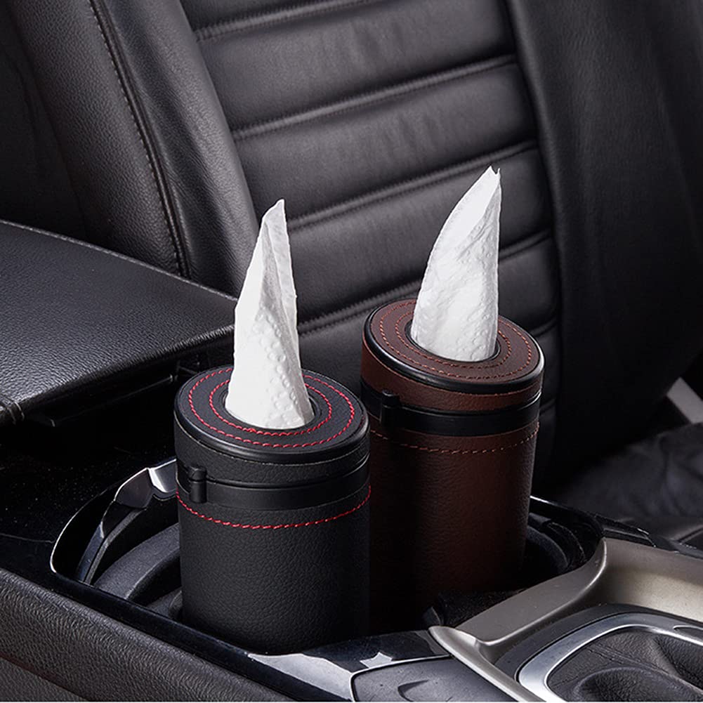 PU Leather Cylinder Tissue Box Holder - Portable Napkin Dispenser for Car Cup Holder, Office & Home - Black | Compact Facial Tissue Case for Desks, Cars & Travel