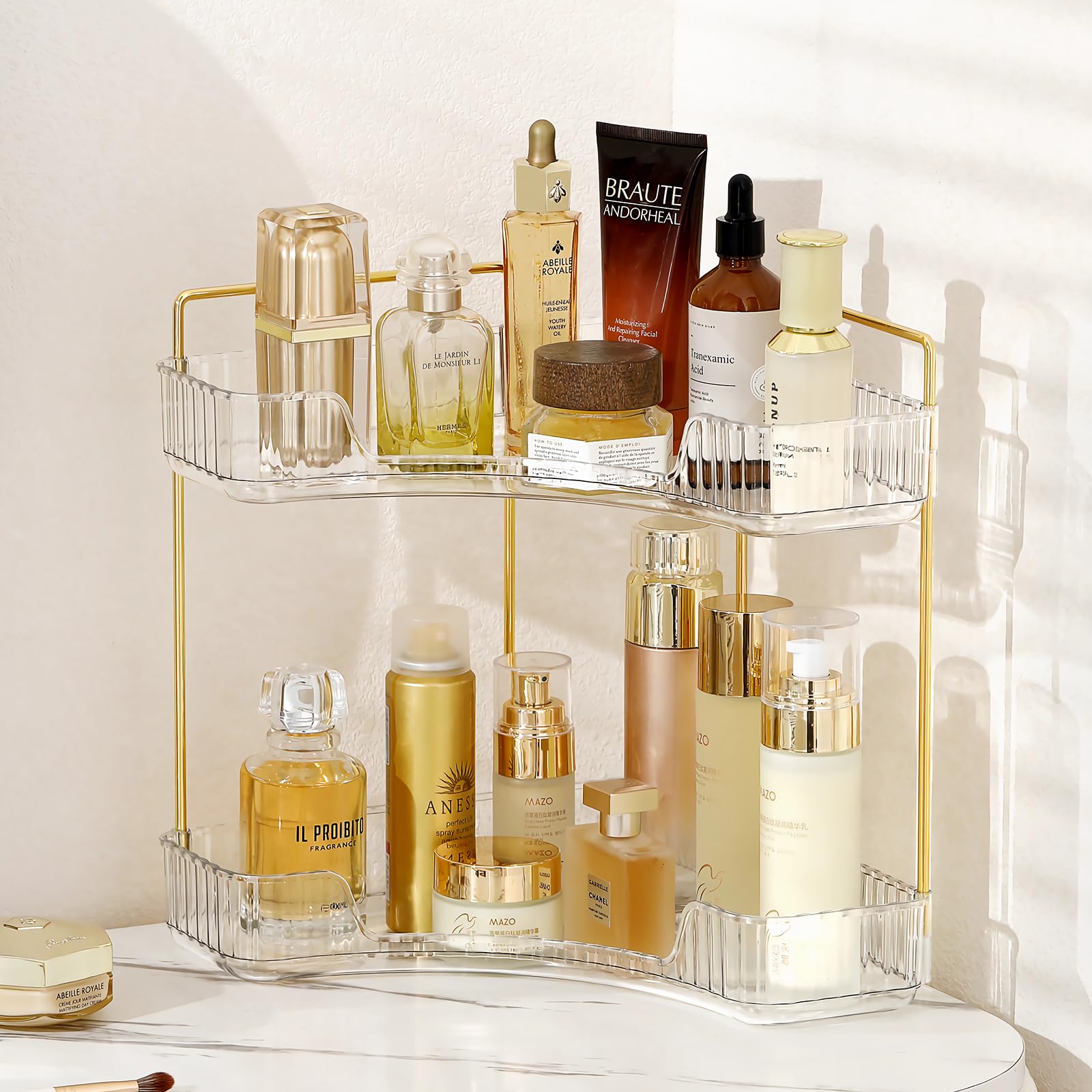 Clear 2-Tier Corner Bathroom Countertop Organizer - Vanity Tray for Makeup, Perfume & Jewelry Storage | Space-Saving Kitchen Spice Rack | Perfect for Small Bathrooms, Vanities & Countertop Organization