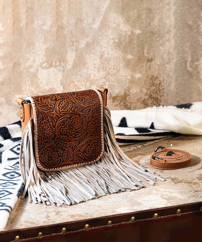 Montana West Genuine Leather Floral Fringe Crossbody Bag for Women - Stylish Boho Shoulder Purse with Adjustable Strap, Perfect for Daily Use, Travel & Festivals