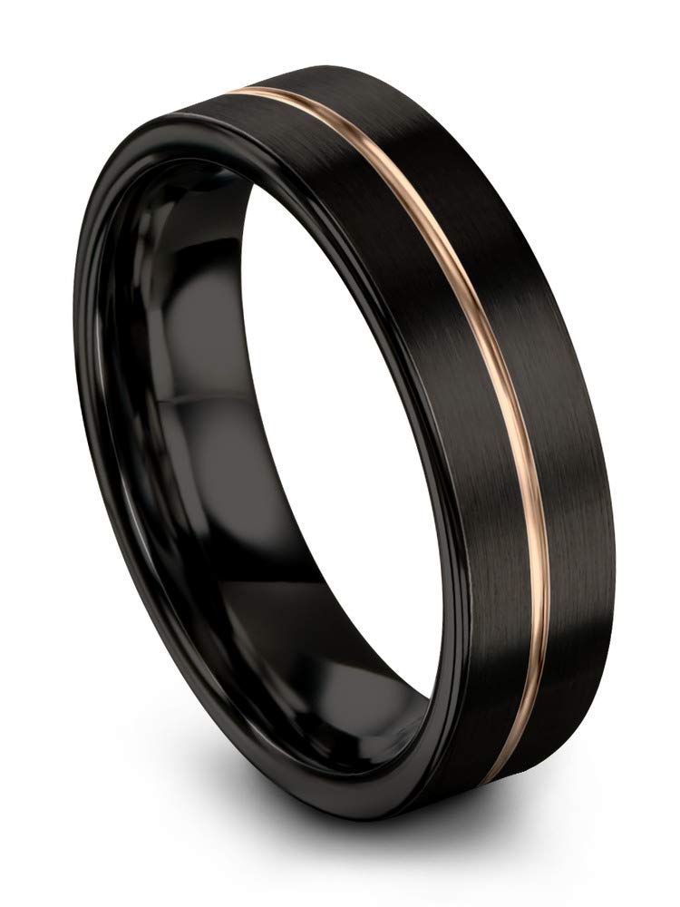 Midnight Rose Collection 6mm Tungsten Wedding Band Ring for Men & Women - 18k Rose Gold & Yellow Gold Plated, Flat Cut Center Line, Black Brushed & Polished Finish - Perfect for Anniversaries, Engagements & Everyday Wear