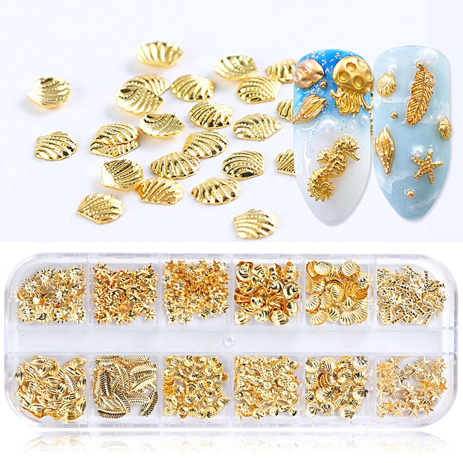 Gold Seaside 3D Nail Art Decoration Tray - DIY Nail Design Kit for Beach Theme Manicures, Perfect for Summer Nails, Salon & Home Use