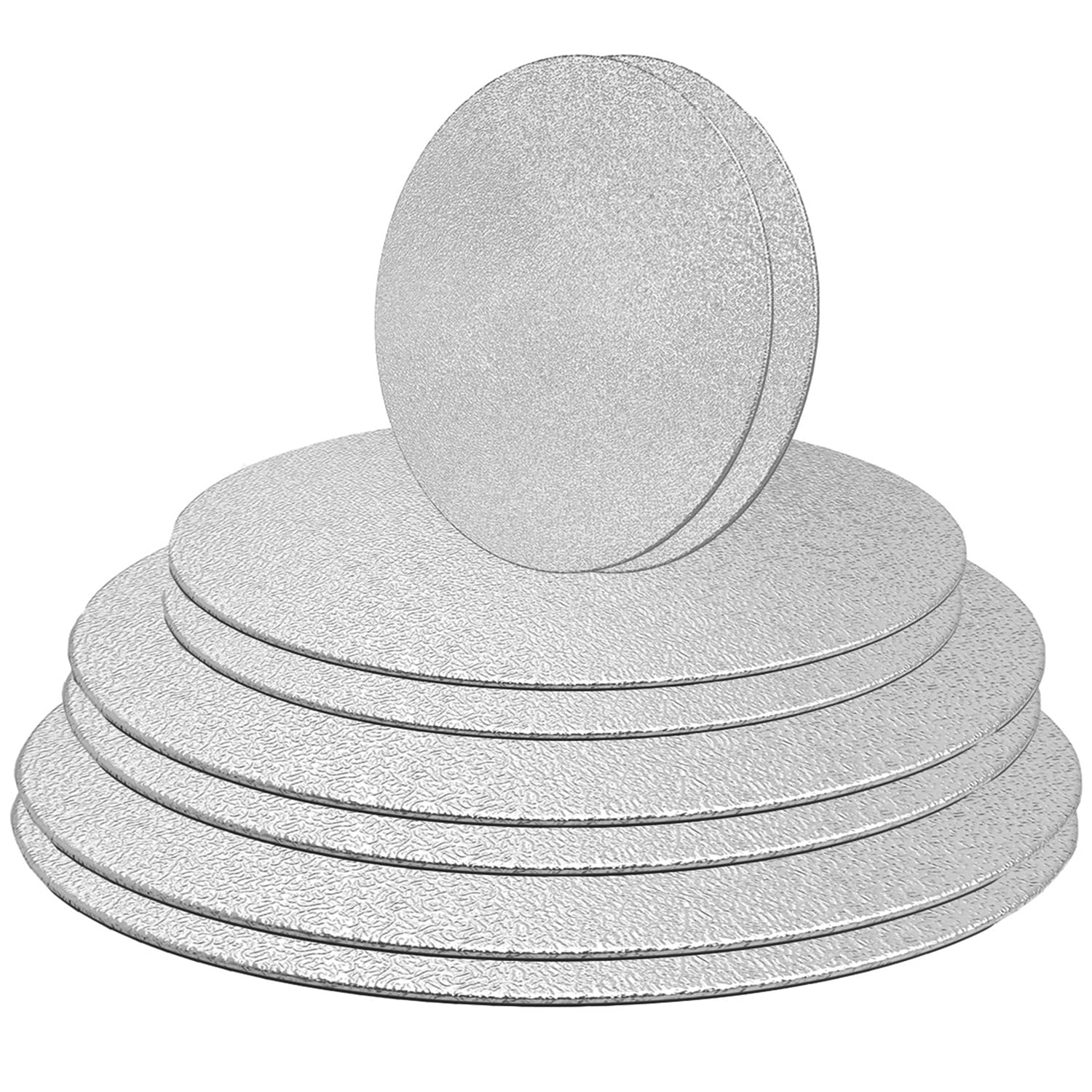 Premium 8-Pack Silver Cake Boards - 6, 8, 10, 12 Inch Round Cake Circles (2 Each Size) for Baking, Wedding & Birthday Cakes, Desserts, Pizza Decorating - Sturdy Cardboard Cake Base for Professional Baking, Party Display & Food Exhibition