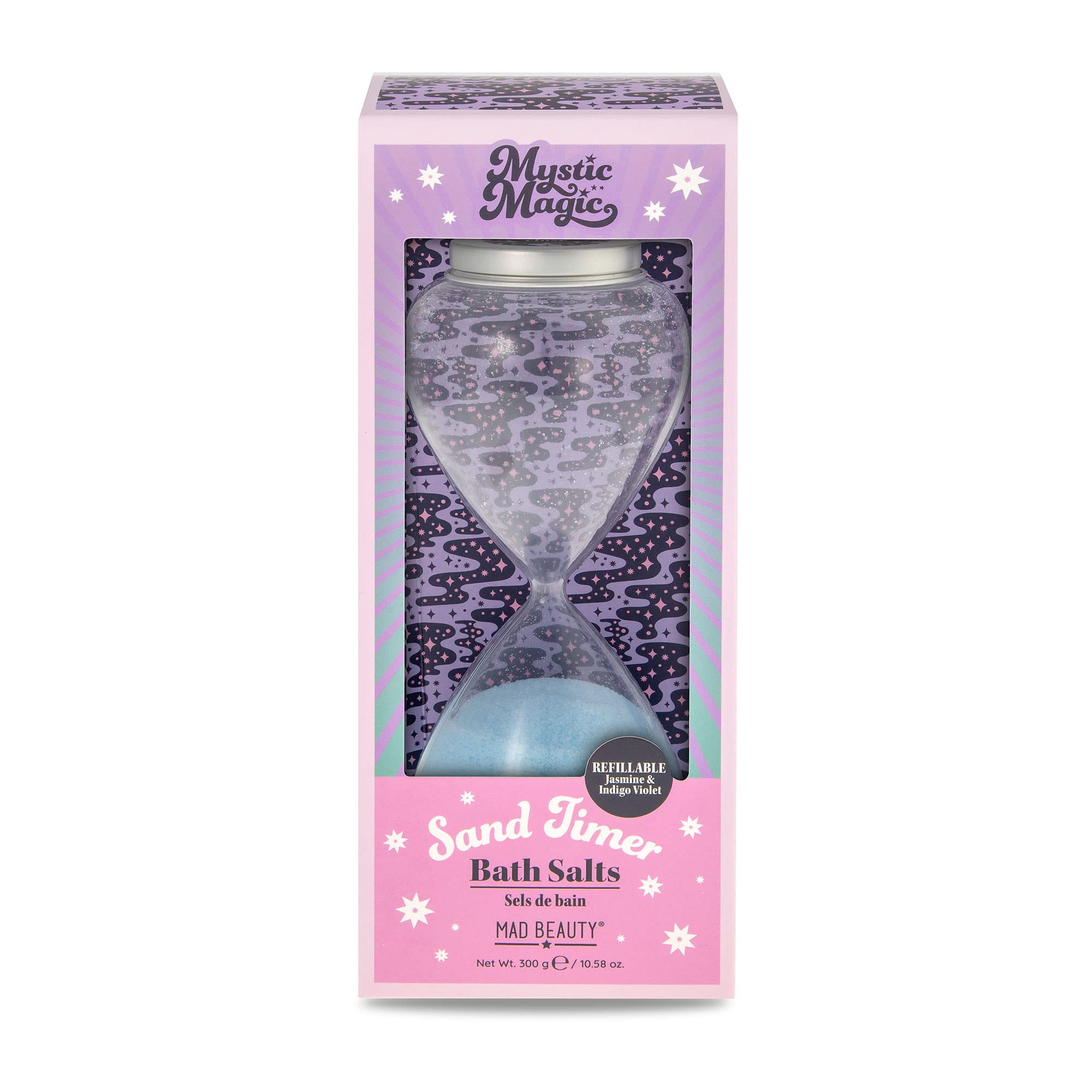 **MAD BEAUTY Mystic Magic Hourglass Bath Timer Salts – Jasmine & Indigo Violet Scented, Reusable Sand Timer with Relaxing Bath Salts for Stress Relief & Self-Care – Perfect Gift for Spa Nights & Home Relaxation**
