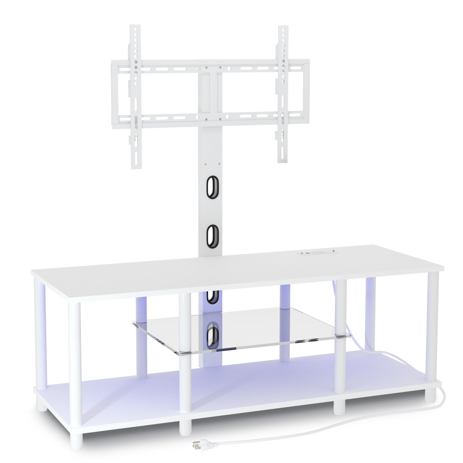 White TV Stand with Power Outlets & LED Lights - Universal Mount for 32 to 70 Inch TVs - Modern Entertainment Center with Open Storage Shelf - Perfect for Bedroom, Living Room or Office Home Decor
