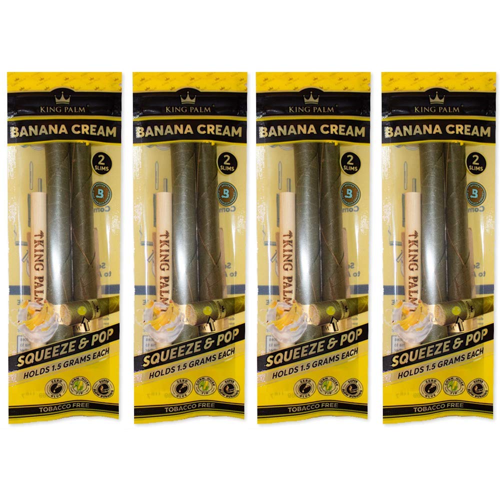 Organic Banana Cream Flavored King Palm SLIM Size Pre-Rolled Cones - 4 Packs (8 Rolls Total) - Natural Palm Leaf Wraps - Squeeze & Pop Design - Perfect for Relaxation, Social Gatherings & Outdoor Activities