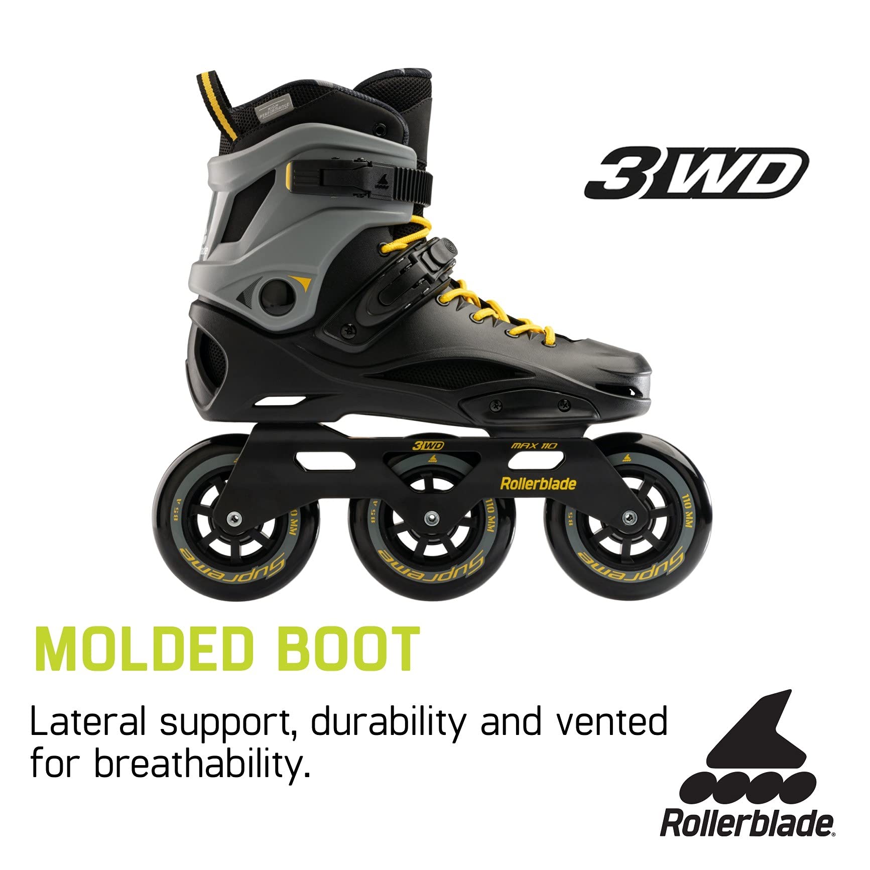 Rollerblade RB 110 Unisex Adult Fitness Inline Skates - Black/Saffron Yellow - Urban Performance Skating for Men & Women - Perfect for Outdoor Exercise, Commuting & Fitness Training
