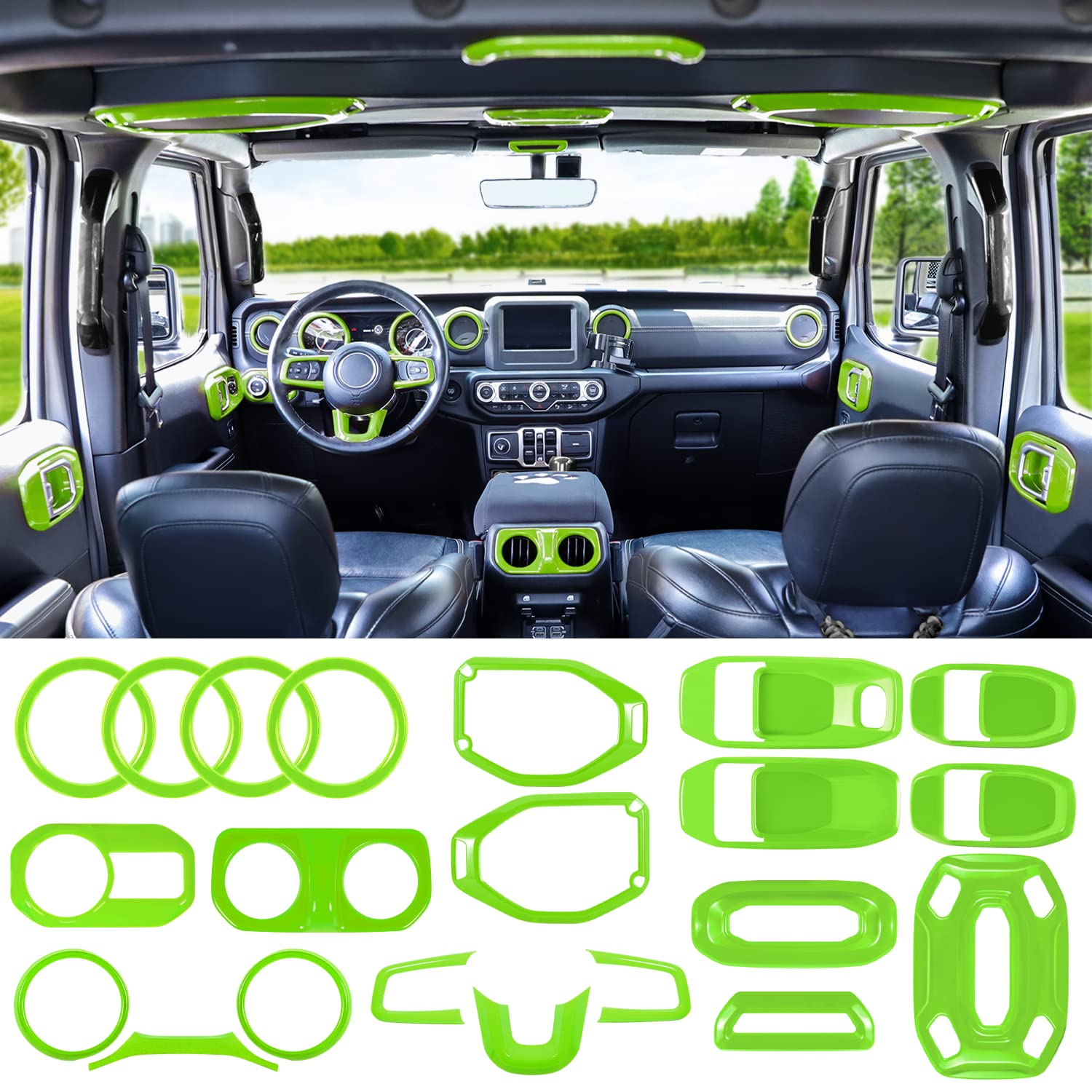 21PCS Full Interior Trim Kit for Jeep Wrangler JL/JLU 2018-2023 & Gladiator JT - AC Vent, Door Handle, Speaker, Light & Headlight Switch Covers (Green) | Upgrade Your Jeep's Interior Style for Off-Road Adventures & Daily Driving