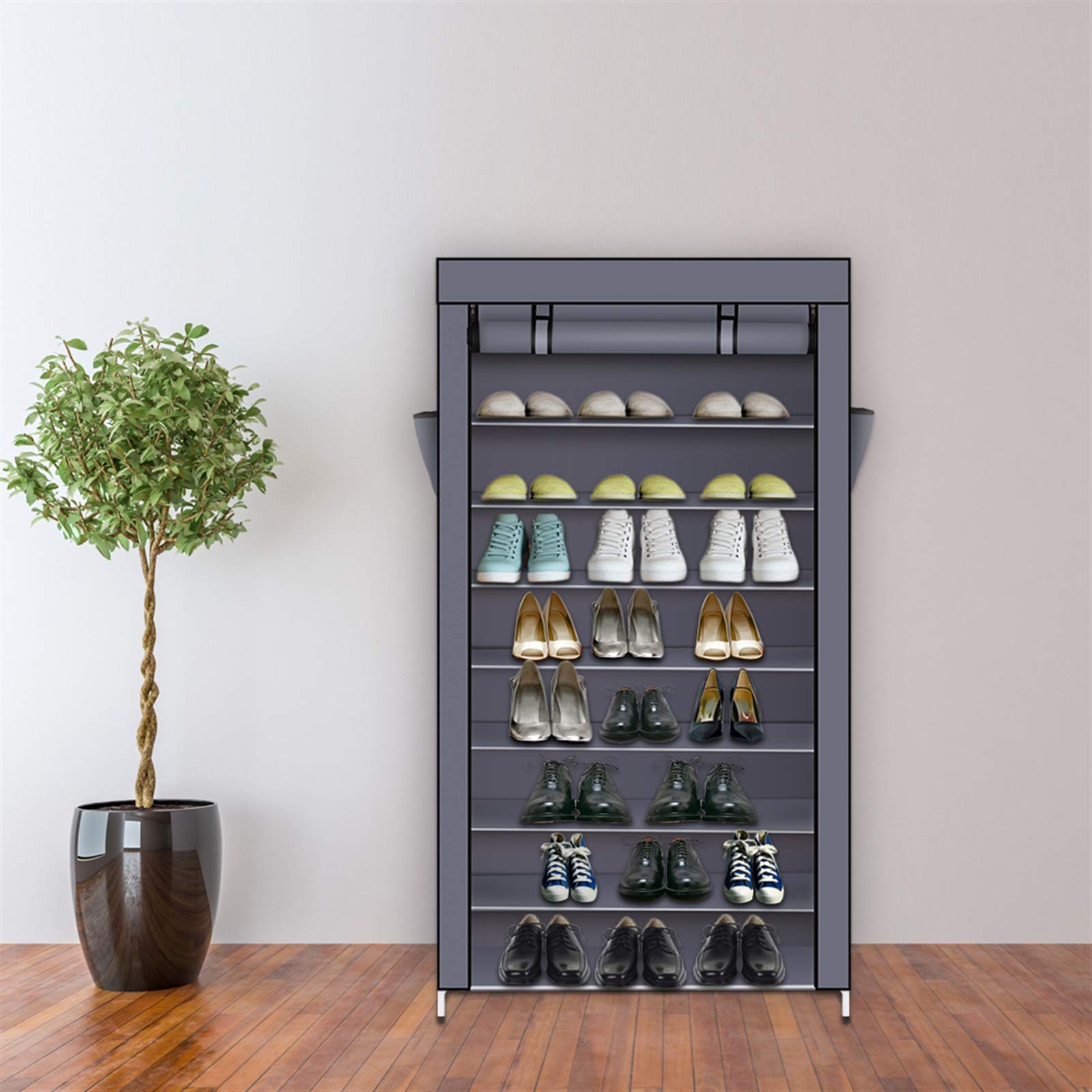 10-Tier Non-Woven Fabric Shoe Rack with Dustproof Cover & Side Pockets - Space Saving Shoe Storage Organizer for Closet, Bedroom, Garage - Dark Grey - Perfect for Small Spaces & Shoe Collection Organization
