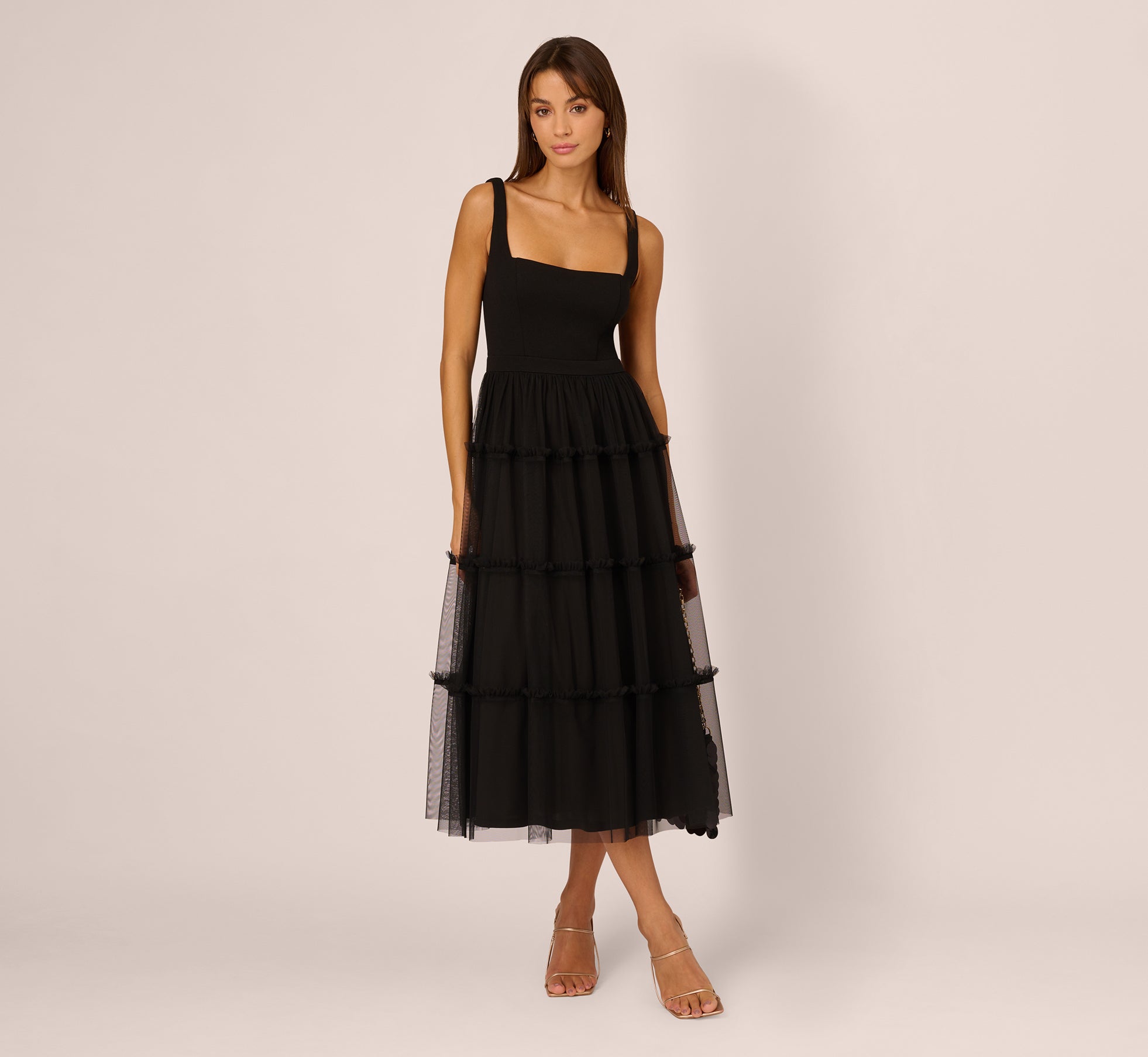 Black Sleeveless Midi Dress with Square Neck & Tiered Skirt - Perfect for Summer Weddings, Beach Vacations & Casual Outings