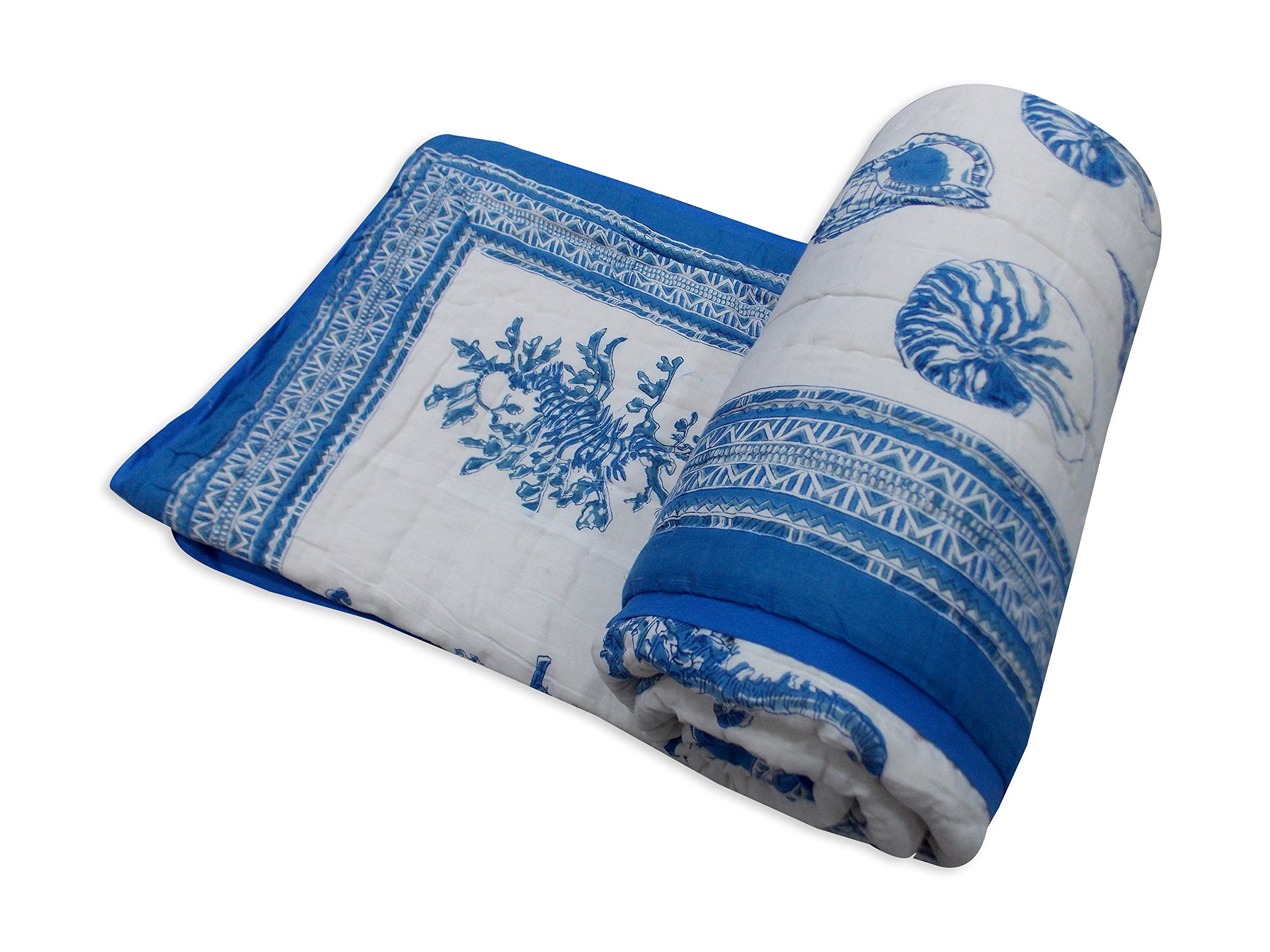 Handmade Indian Block Printed Cotton Jaipuri Quilt - Reversible Kantha Winter Blanket & Bedspread for Twin Size (60