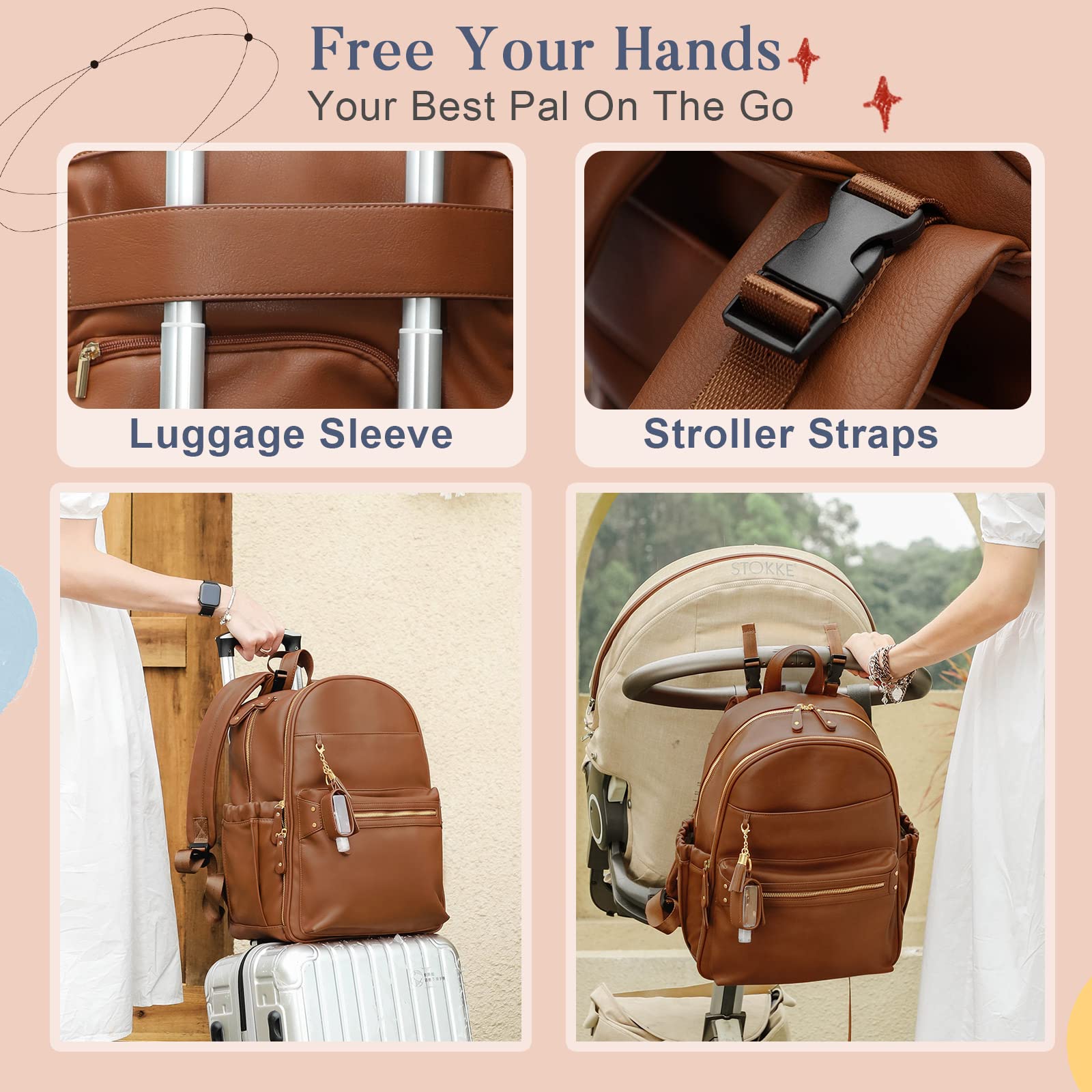 Premium Leather Diaper Backpack for Moms - Large Waterproof Baby Bag with Changing Pad & Stroller Straps | Multi-Functional Travel Backpack for Parenting, Outings & Family Trips (Brown)