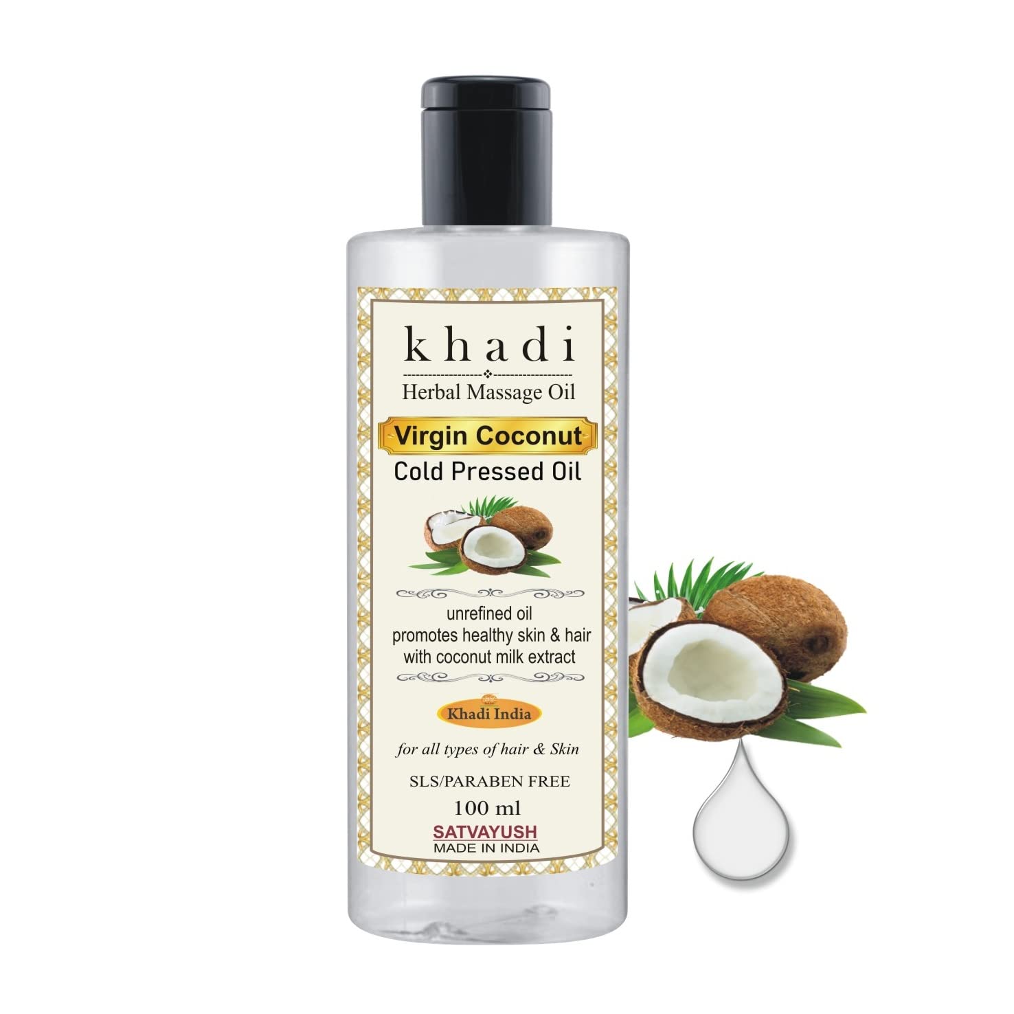 Organic Satvayush Khadi Extra Virgin Cold Pressed Coconut Oil - 100% Pure Natural Hair & Skin Care, Baby Massage Oil - 100ml (Pack of 1) - Perfect for Daily Moisturizing, Scalp Treatment & Aromatherapy