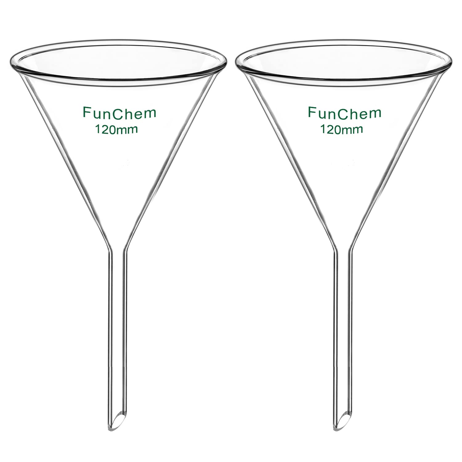 FunChem (2 Pack) Short Stem Borosilicate Glass Funnel - 120mm Diameter Lab Filter Funnel for Chemistry Experiments, Essential Oil Filtering & Home Brewing - Durable Scientific Glassware for Laboratories & DIY Projects