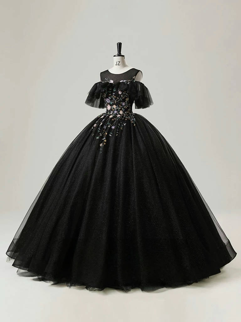 Elegant A-Line Round Neck Tulle Lace Black Long Prom Dress for Sweet 16, Homecoming & Formal Events - Plus Size Evening Gown for Women