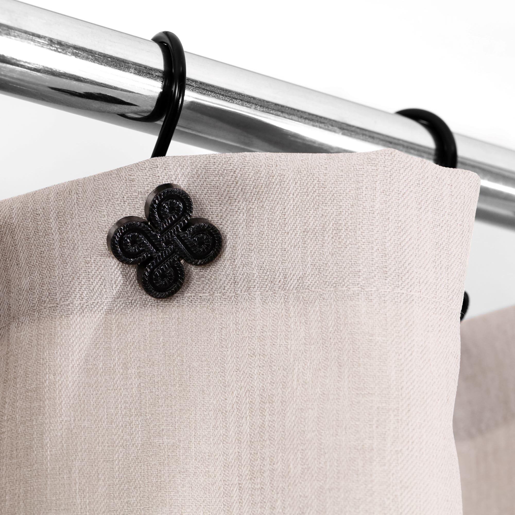 Rust-Proof Metal Shower Curtain Hooks - Set of 12 Black Flower Clover Design Bathroom Accessories for Shower Rod | Durable Decorative Hangers for Bath, Spa & Guest Room Decor