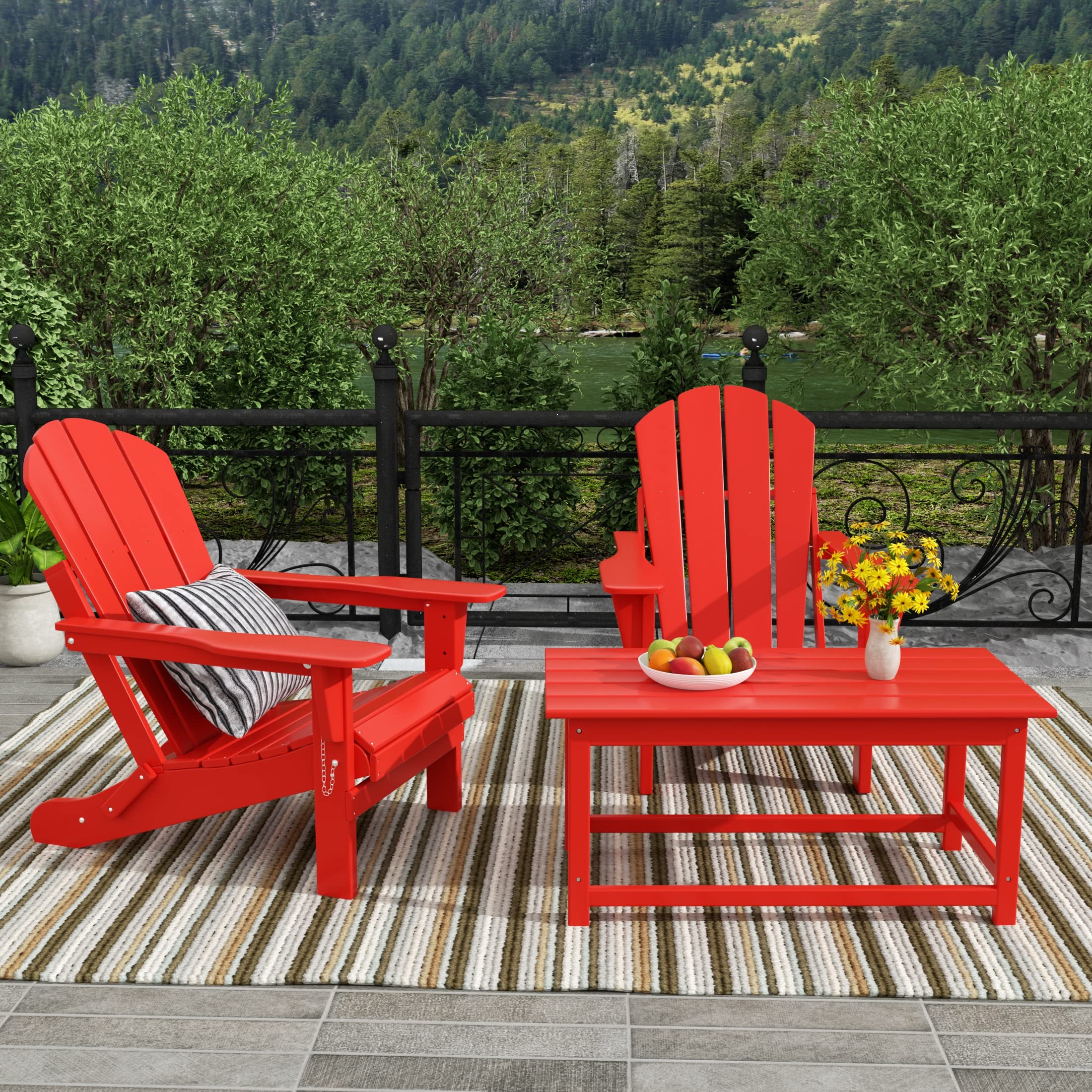 WestinTrends Malibu 3-Piece All-Weather Outdoor Patio Furniture Set - 2 Plastic Adirondack Chairs & Coffee Table for Porch, Lawn, Backyard, Garden (Red) | Durable & Comfortable Seating for Relaxing Outdoors