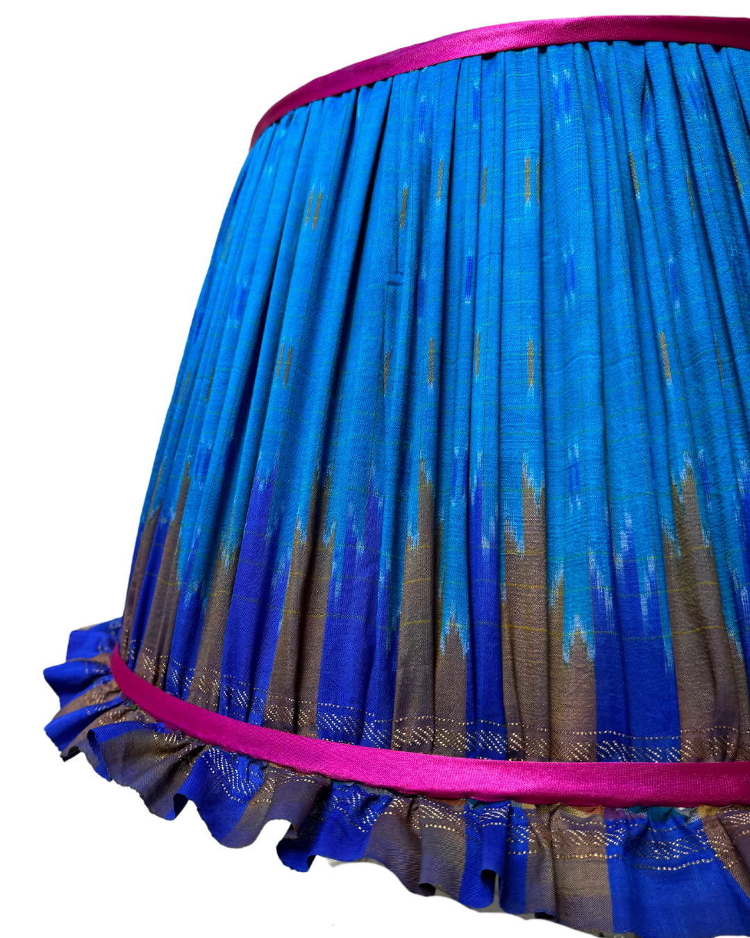 41 cm Frilly Blue & Pink Silk Sari Lampshade - Elegant Home Decor for Bedroom, Living Room & Boho Style Interior Design