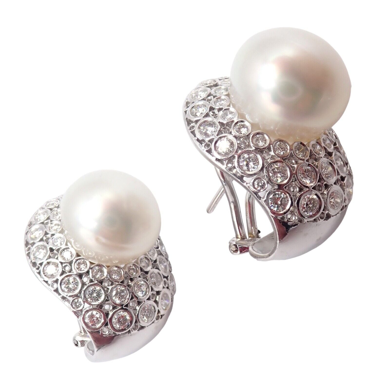 Vintage 18K White Gold Diamond & 13mm Pearl Earrings for Women - Elegant Pearl Jewelry for Weddings, Parties & Special Occasions