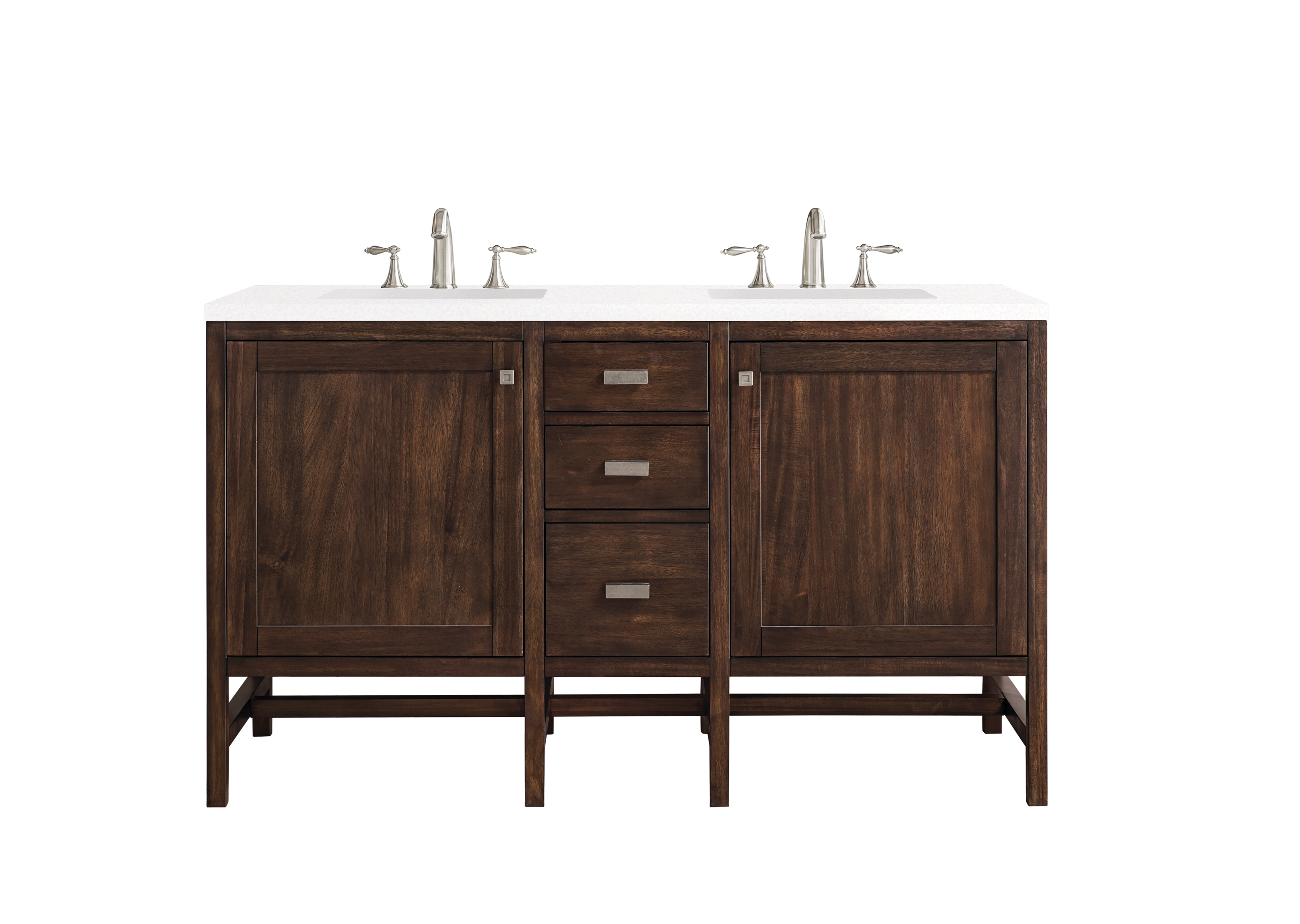 Addison 60 Inch Double Vanity Cabinet with 3CM White Quartz Top - Mid Century Modern Bathroom Vanity in Acacia Wood for Master Bath & Guest Bathroom