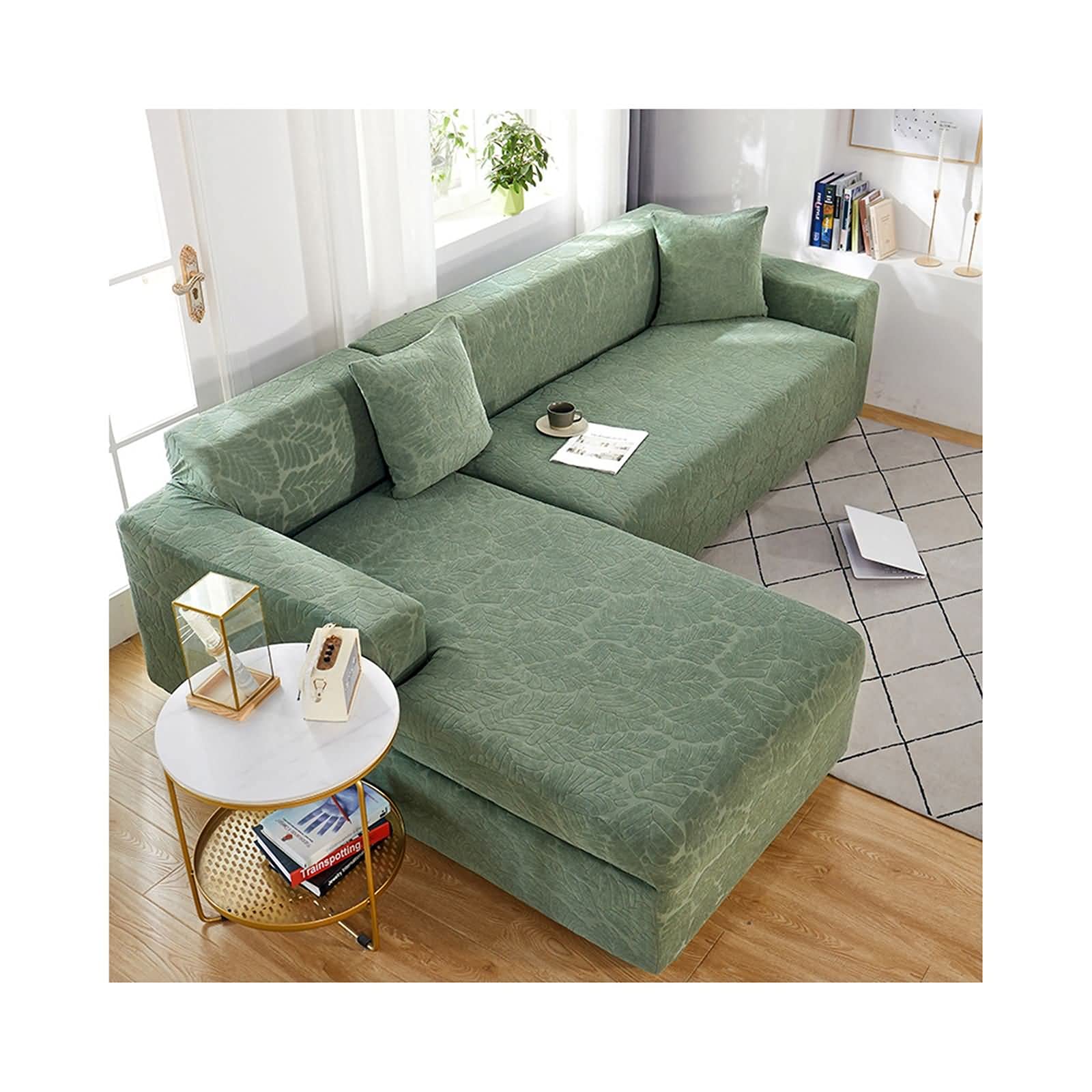 **Daesar Stretch Corner Sofa Cover - L-Shaped Sectional Couch Cover, Dark Green Solid Color with Leaves Pattern (Polyester, Fits 4+4 Seater) - Perfect for Living Room, Home Theater & Family Gatherings**