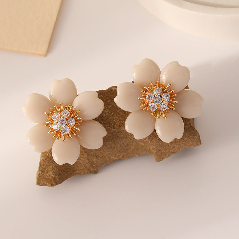 Elegant Light Beige Floral Earrings with Zircon Stones | DMS319 | Perfect for Weddings, Parties & Special Occasions