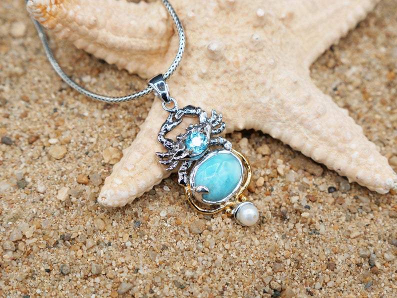 Exquisite Handmade Crab Pendant with Genuine Larimar, Blue Topaz & Pearl - Unique One-of-a-Kind Jewelry Piece for Beach Lovers & Ocean-Themed Fashion