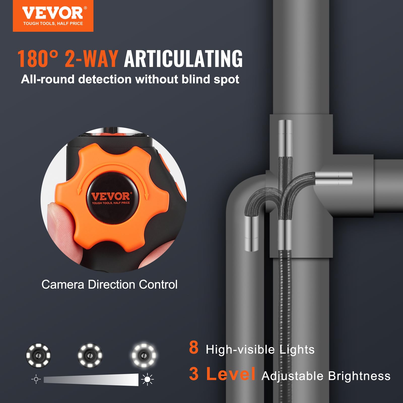 VEVOR 6.4mm Articulating Borescope Camera with 8 LED Lights - 5