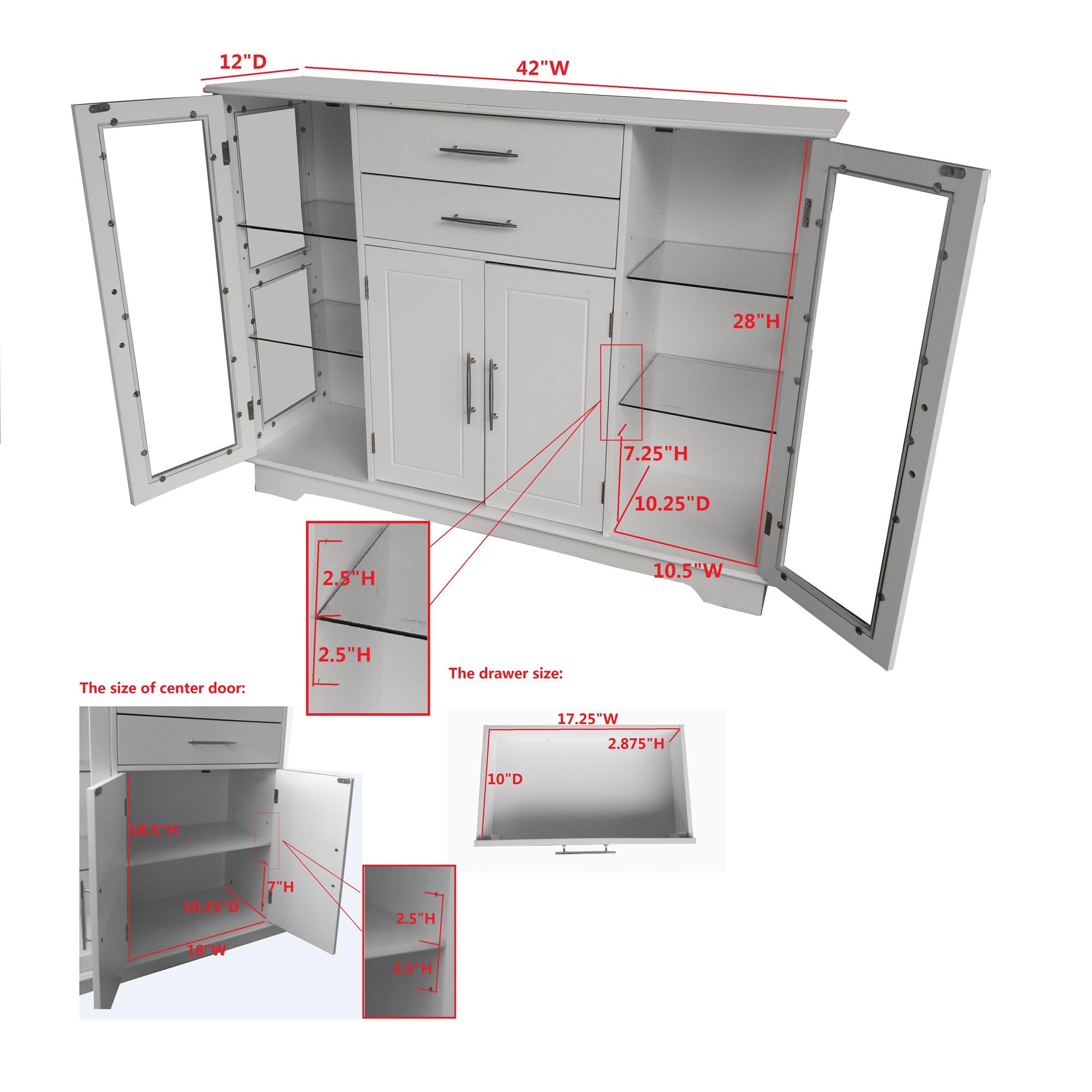 Kings Brand White Kitchen Storage Cabinet with Glass Doors - Buffet Sideboard for Dining Room, Living Room & Kitchen Organization