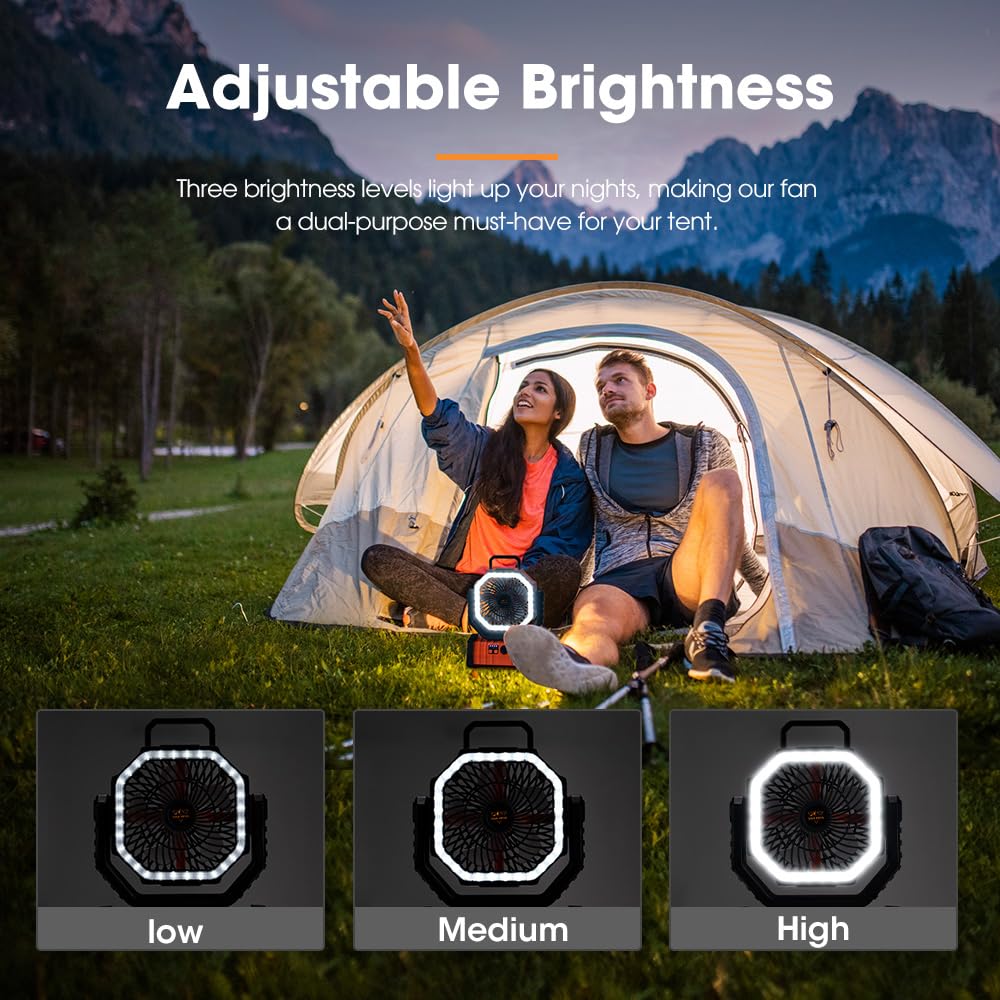 SanHima Portable Camping Fan with LED Light - 20000mAh Rechargeable Battery, 360° Rotating Hook, 4 Speed Settings & Oscillation - USB Powered Desk Fan for Outdoor Tent, Travel, Home Office, Beach & Fishing Adventures | Perfect for Summer Camping Trips and Indoor Cooling