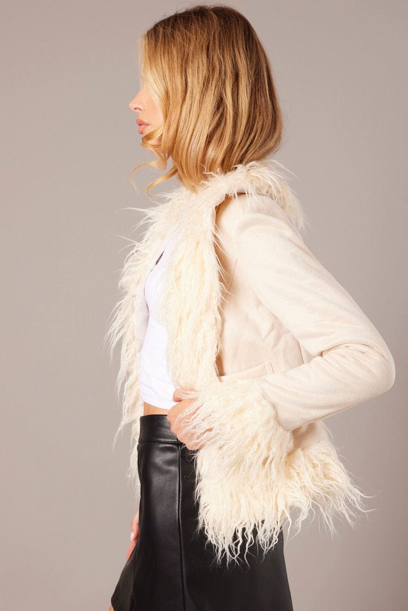 Stylish Beige Faux Fur Jacket Women's Long Sleeve Coat - Perfect for Winter Fashion, Date Nights & Casual Outings