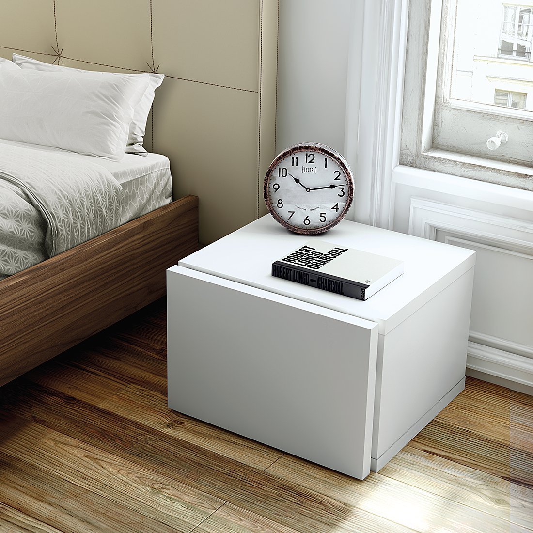 TemaHome Floating Nightstand - White Wood Bedside Table with Storage, 45 x 43 x 31 cm - Perfect for Small Bedrooms, Apartments & Modern Home Decor