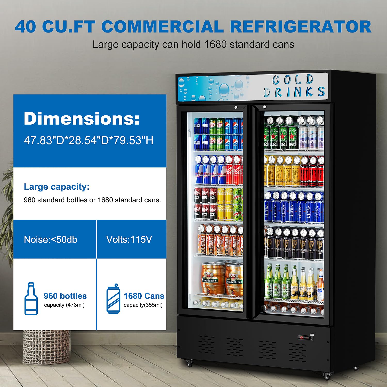 40 Cu.ft. Commercial Beverage Refrigerator with Glass Door, LED Lighting & Adjustable Shelves - Upright Display Cooler for Restaurants, Grocery Stores, Bars, and Home Use - Perfect for Storing Drinks, Snacks, and Perishable Items