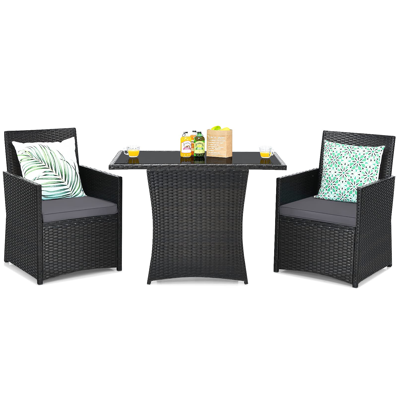 Tangkula 3-Piece Outdoor Dining Set - Space-Saving PE Rattan Bistro Set with Tempered Glass Table & Cushioned Chairs, Patio Conversation Set for Garden, Backyard, Poolside, Porch (Gray) - Perfect for Outdoor Entertaining, Relaxing & Dining Al Fresco