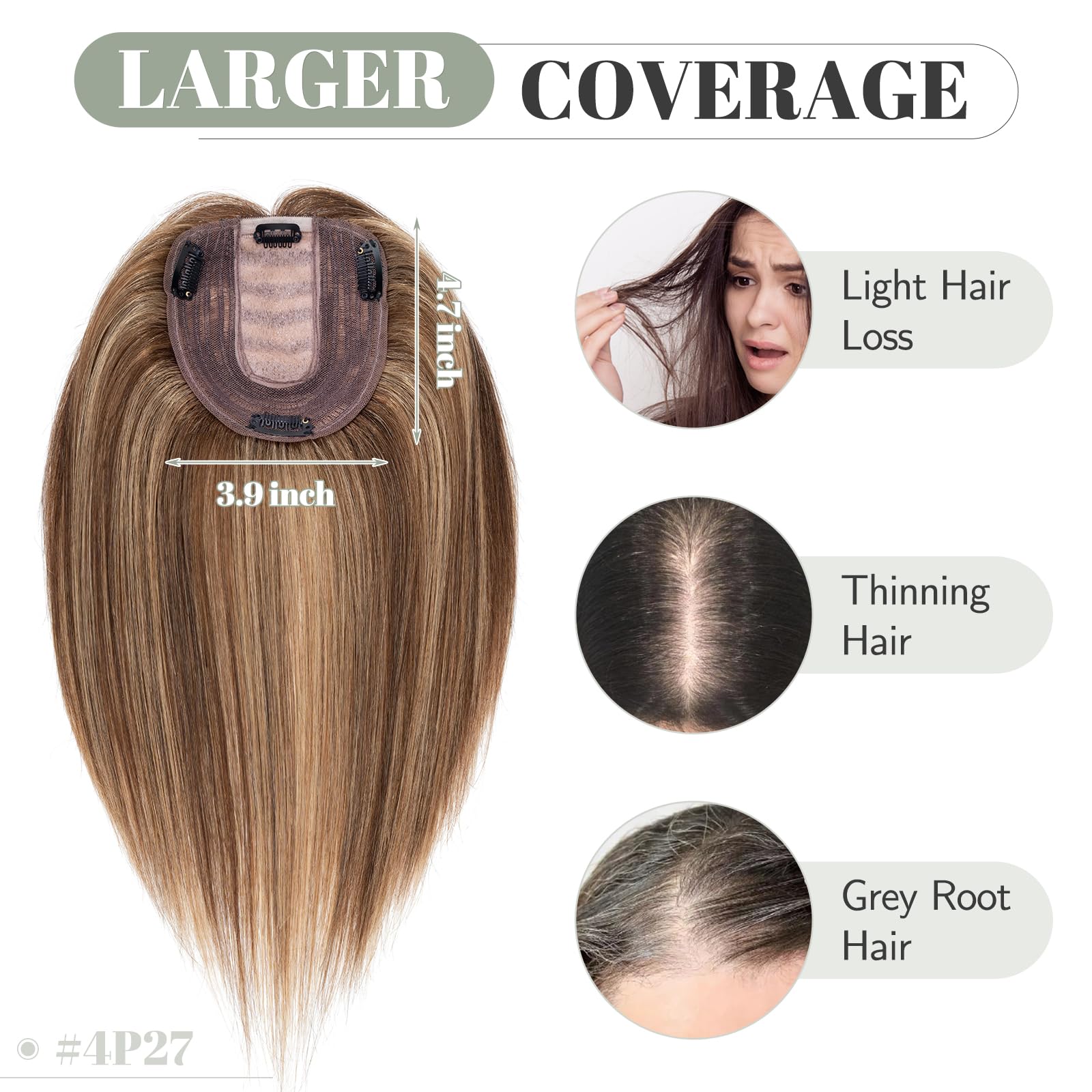 Premium S-noilite Human Hair Toppers for Women - 130% Density Handmade Silk Base Clip-in Hairpiece for Thinning Hair & Hair Loss - 12 Inch 40g #4P27 Medium Brown & Dark Blonde - Perfect for Daily Wear, Special Occasions & Gray Hair Coverage