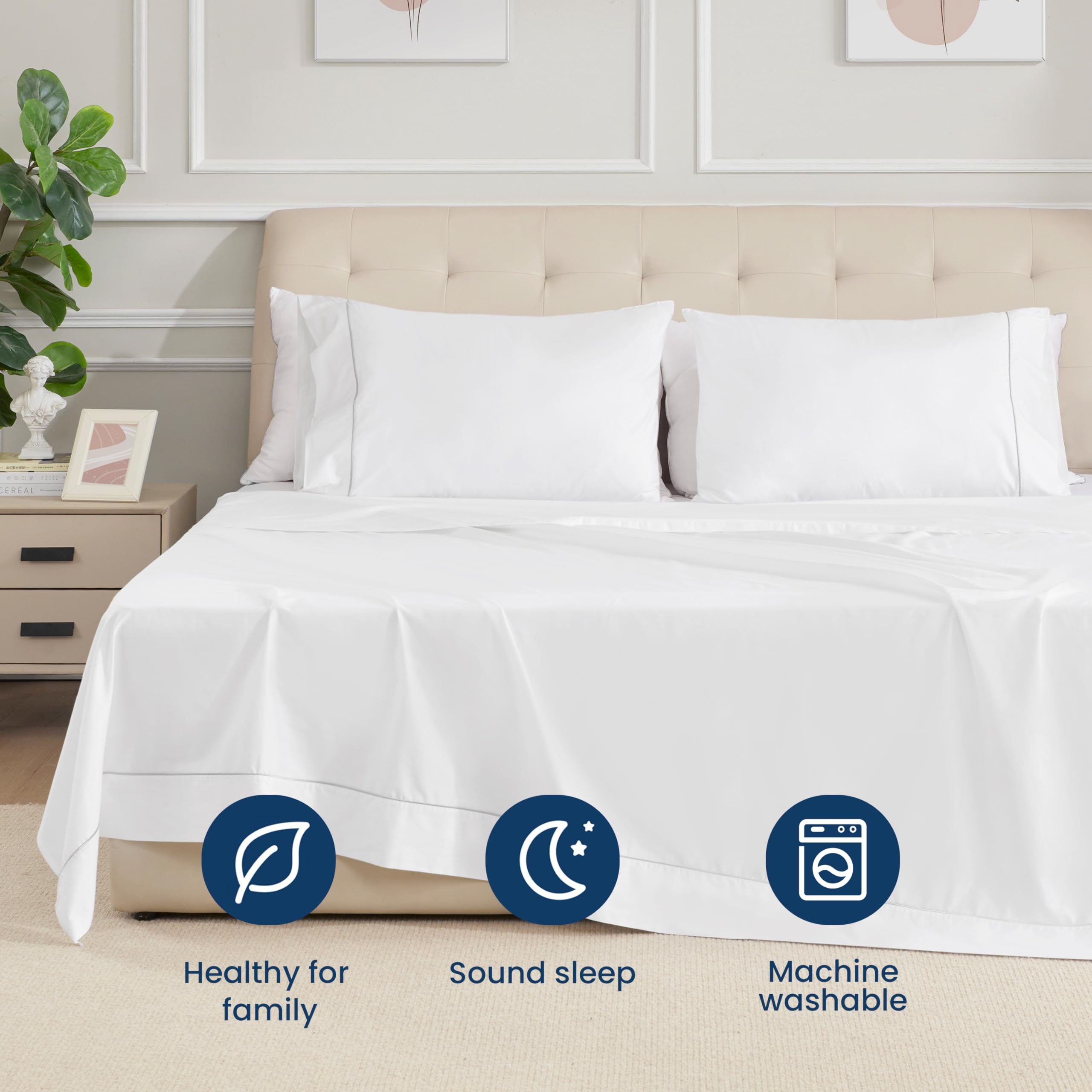 Sunflower Cotton Queen Sheet Set - 4-Piece Luxury Hotel Quality Bedding with Silver Trim Design, Deep Pocket Fits Mattress Up to 16 Inches, Soft White Queen Size Sheets for Bedroom, Guest Room & Airbnb