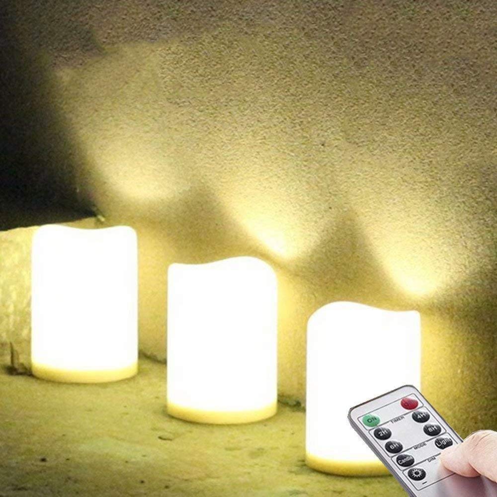 3-Pack Outdoor Waterproof LED Pillar Candles - IP44 Rated, Warm White, Flameless Battery Operated with Remote & 24H Timer - Weatherproof Plastic Design (4